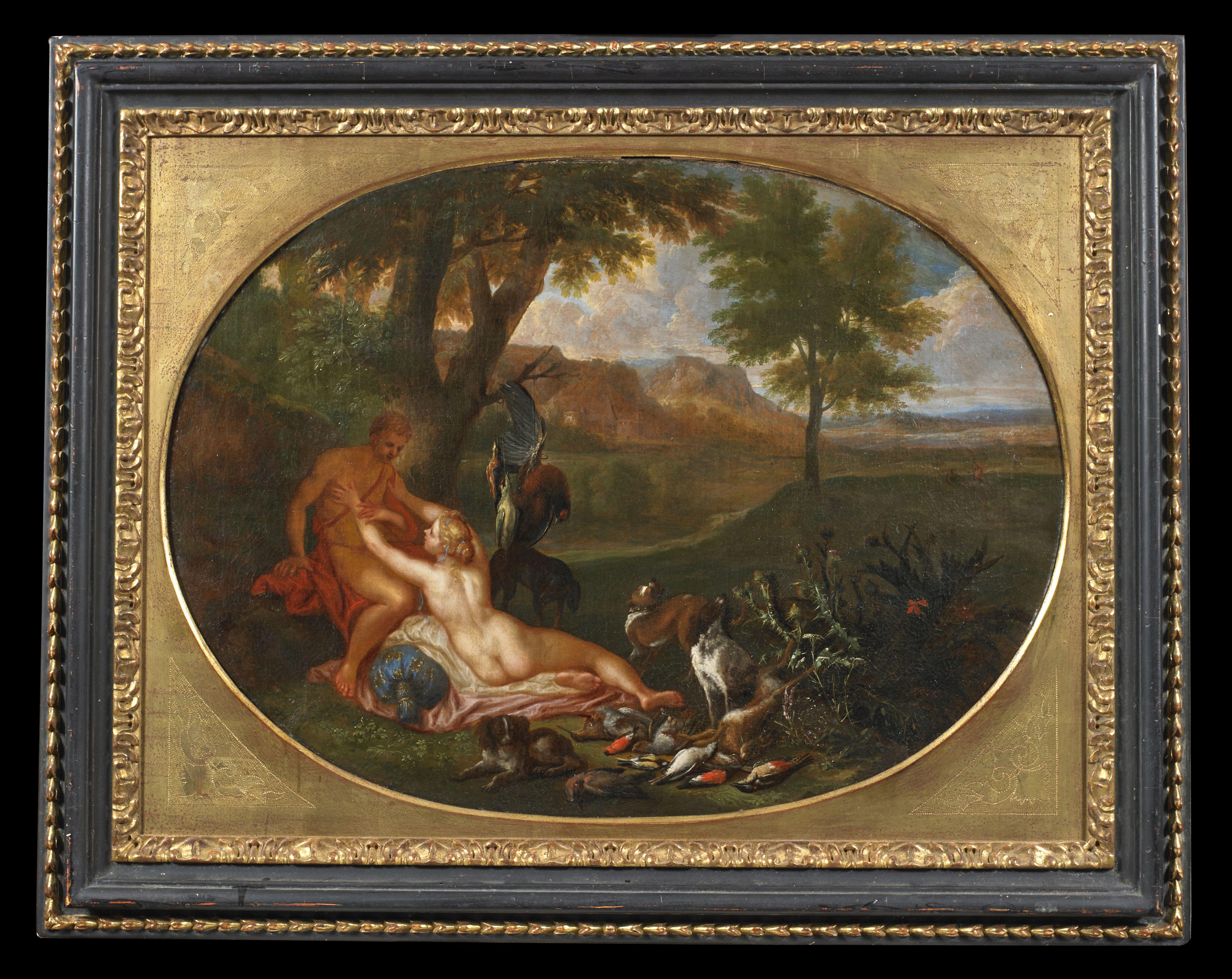 18. Jahrhundert Galanti Scenes Van Limborch Rest Jagd Öl auf Leinwand Grün Rot – Painting von Hendrick van LIMBORCH