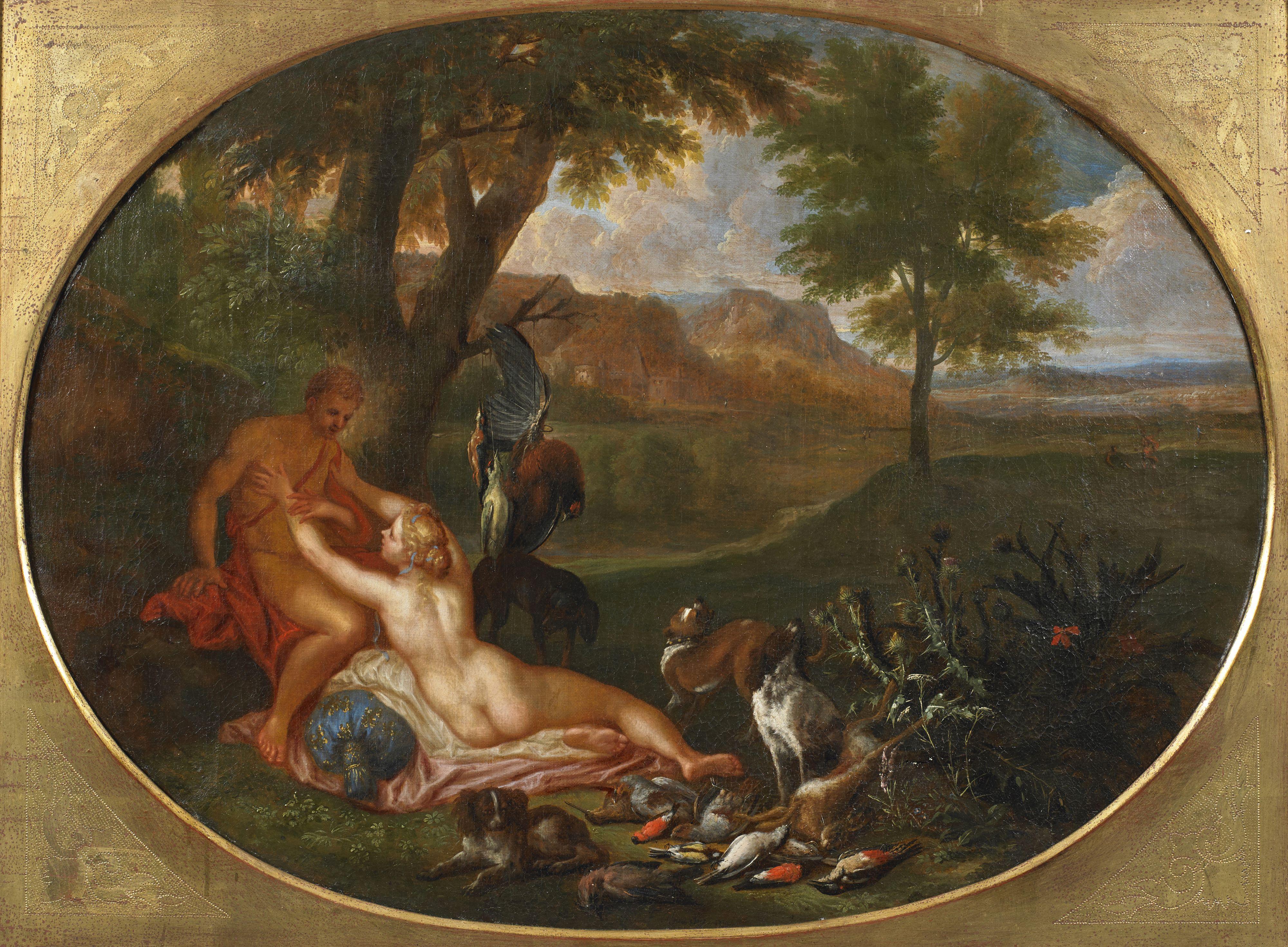 18. Jahrhundert Galanti Scenes Van Limborch Rest Jagd Öl auf Leinwand Grün Rot (Alte Meister), Painting, von Hendrick van LIMBORCH