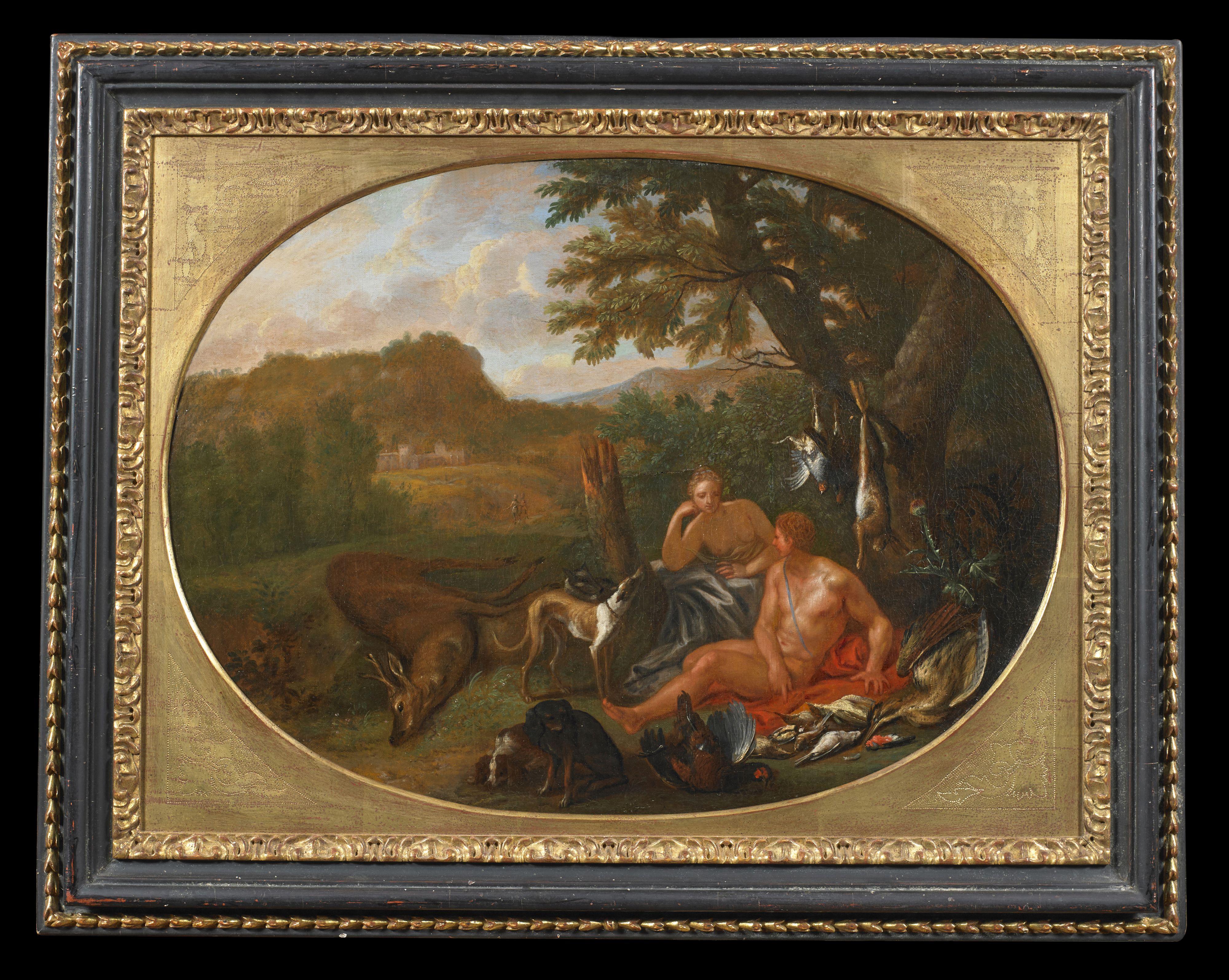 18th Century Galanti Scenes Van Limborch Rest Hunting Oil on Canvas Green Red For Sale 1