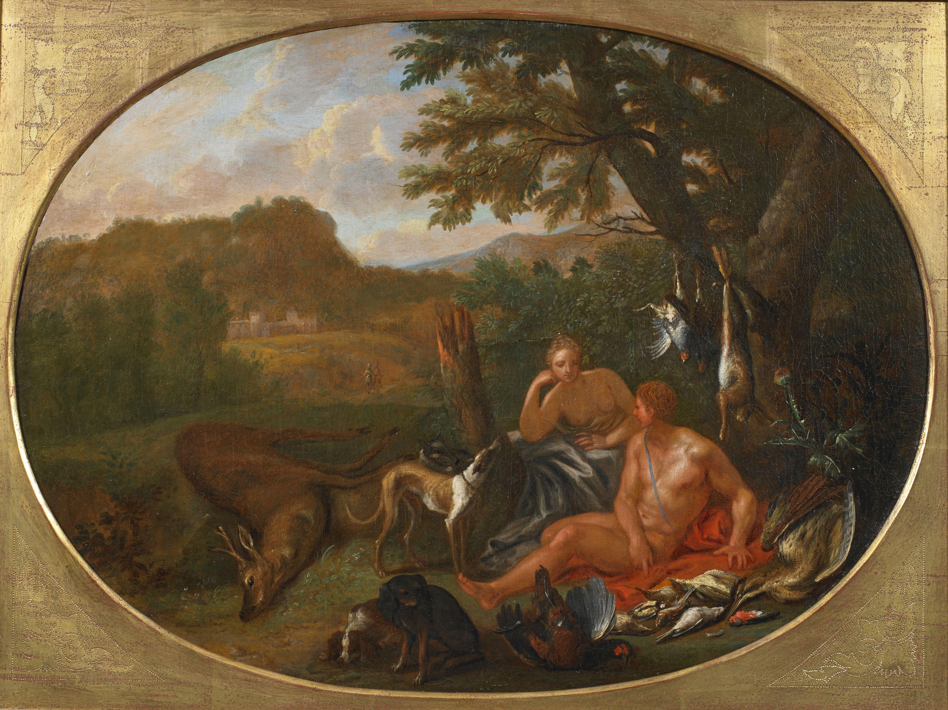 18. Jahrhundert Galanti Scenes Van Limborch Rest Jagd Öl auf Leinwand Grün Rot im Angebot 1