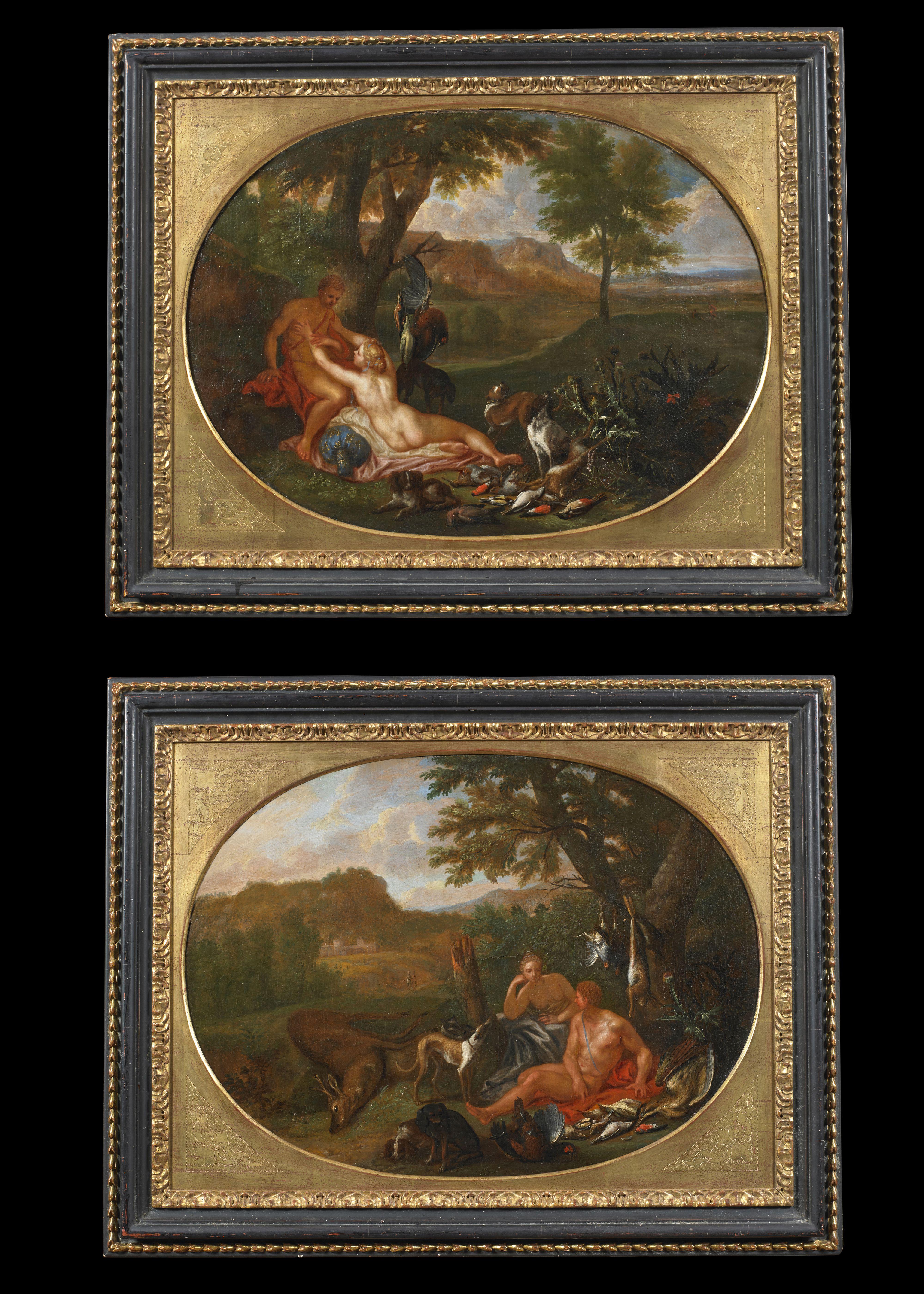 Landscape Painting Hendrick van LIMBORCH - xVIIIe siècle Galanti Scenes Van Limborch Rest Hunting Huile sur toile Vert Rouge
