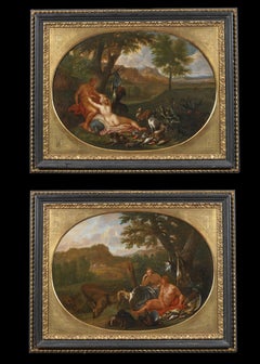 18th Century Galanti Scenes Van Limborch Rest Hunting Oil on Canvas Green Red