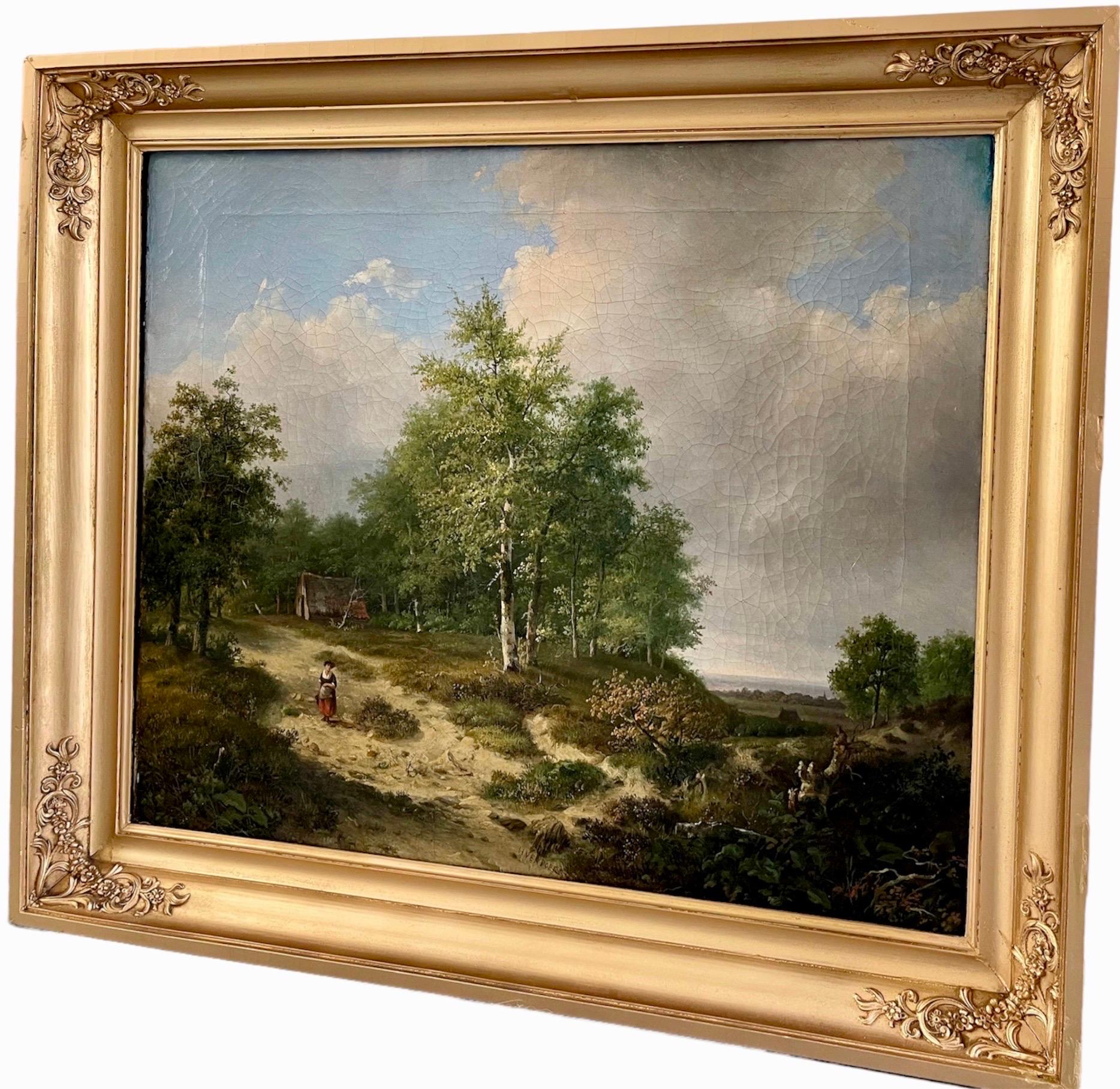 Romantic 19th century Dutch landscape painting by Hendrick Verpoeken 

This peaceful painting depicts a beautiful and tranquil Dutch countryside landscape on a summer sunny day. The sky is vibrantly blue, the trees and plants are in bloom and a