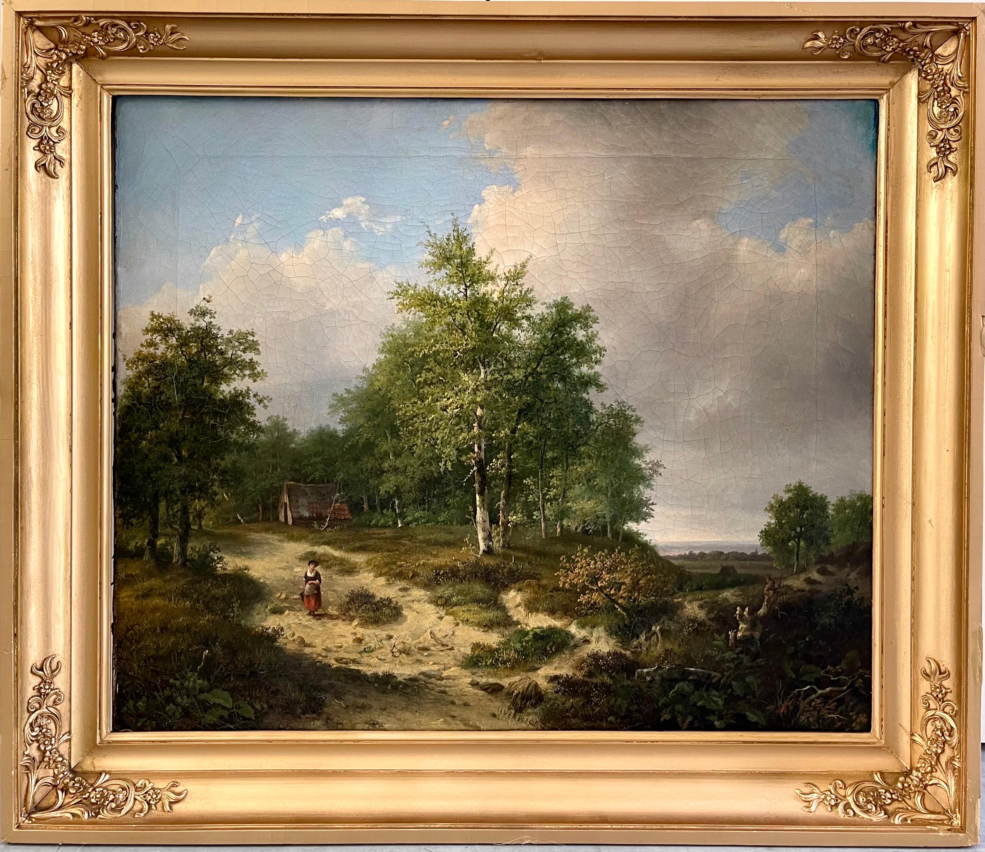 Hendrick Verpoeken Landscape Painting - 19th century Romantic Dutch landscape painting - farm countryside