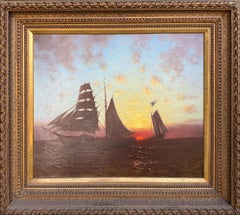 "Ships at Sunset" Hendricks Hallett, Fiery Sunset, Sailing Ships, Marine Scene