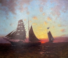Antique "Ships at Sunset" Hendricks Hallett, Fiery Sunset, Sailing Ships, Marine Scene