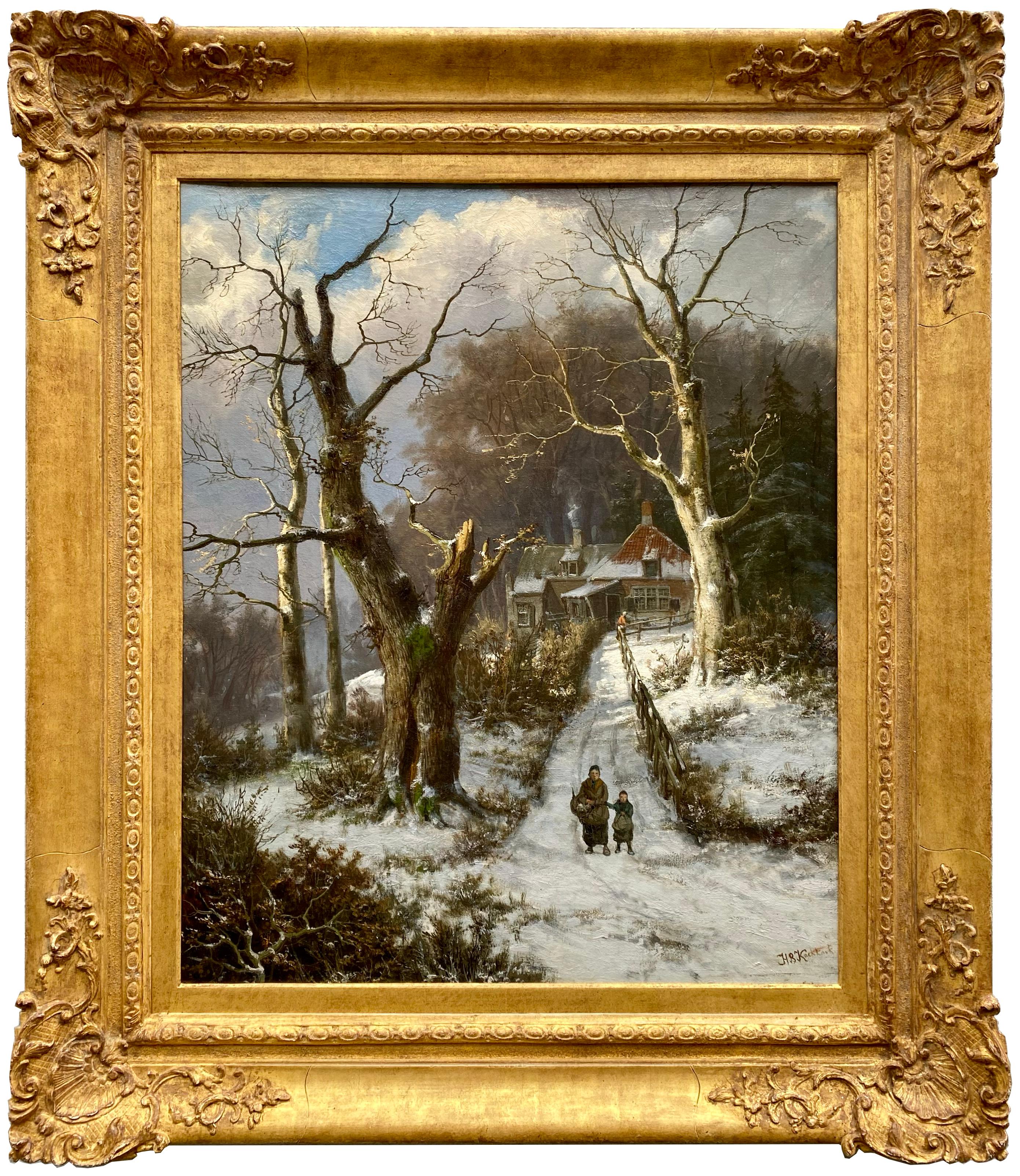 Hendrik Barend Koekkoek
Amsterdam 1849 – 1909 London
Dutch Painter

"Figures Strolling through a Forest in Winter"
Signature: signed lower right, c. 1882-1900
Medium: Oil on canvas
Dimensions: Image size 76,5 x 64 cm, frame size 103 x 89,50