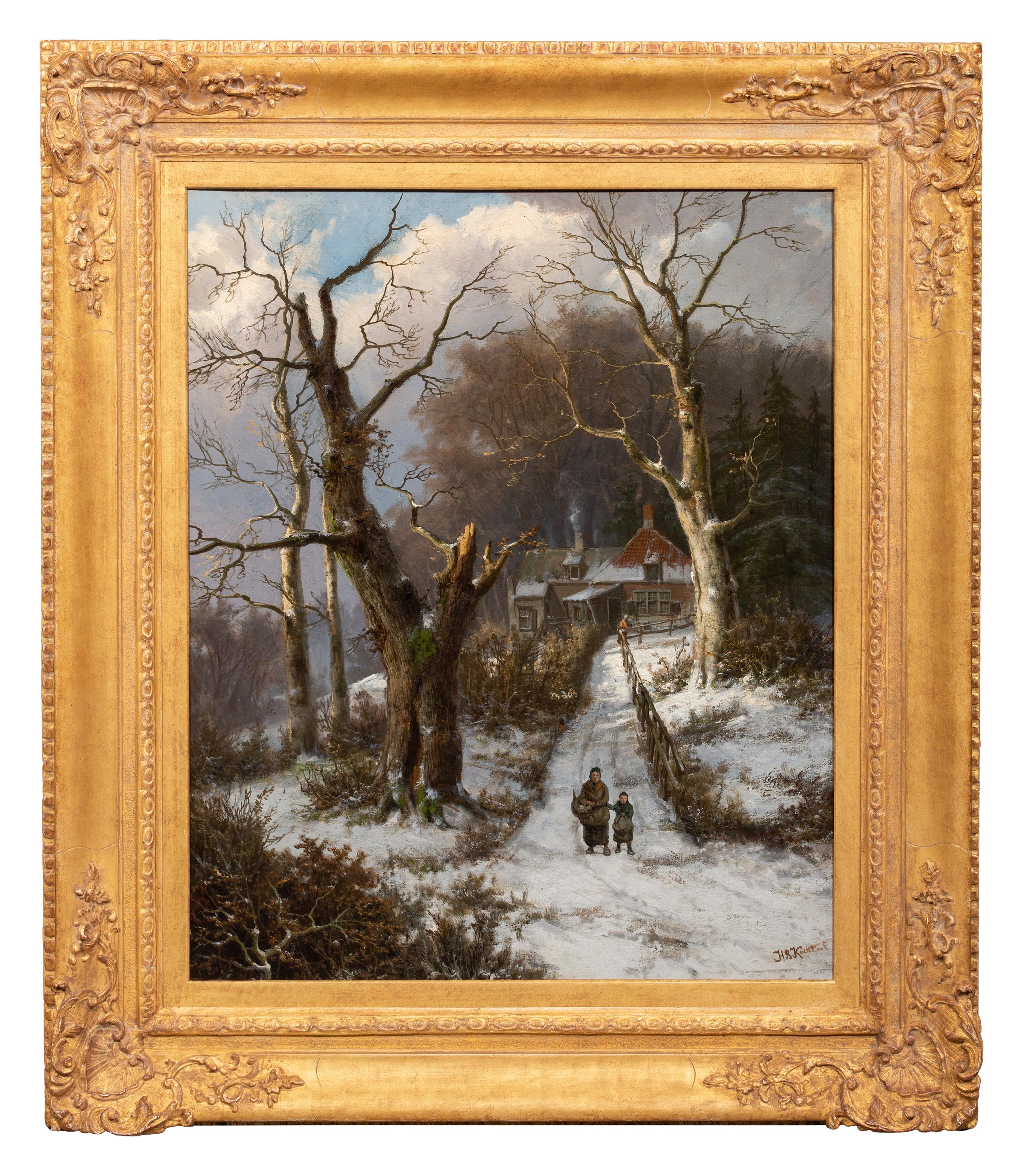 Hendrik Barend Koekkoek
Amsterdam 1849 – 1909 London
Dutch Painter

'Figures Strolling through a Forest in Winter'

Signature: signed lower right 'H B Koekkoek', c. 1882-1900
Medium: oil on canvas
Dimensions: image size 76,5 x 64 cm, frame size 103