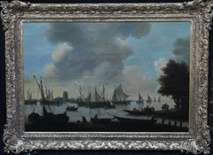 View of River Dort, Dordrecht in Distance - Dutch 17thC Old Master oil painting