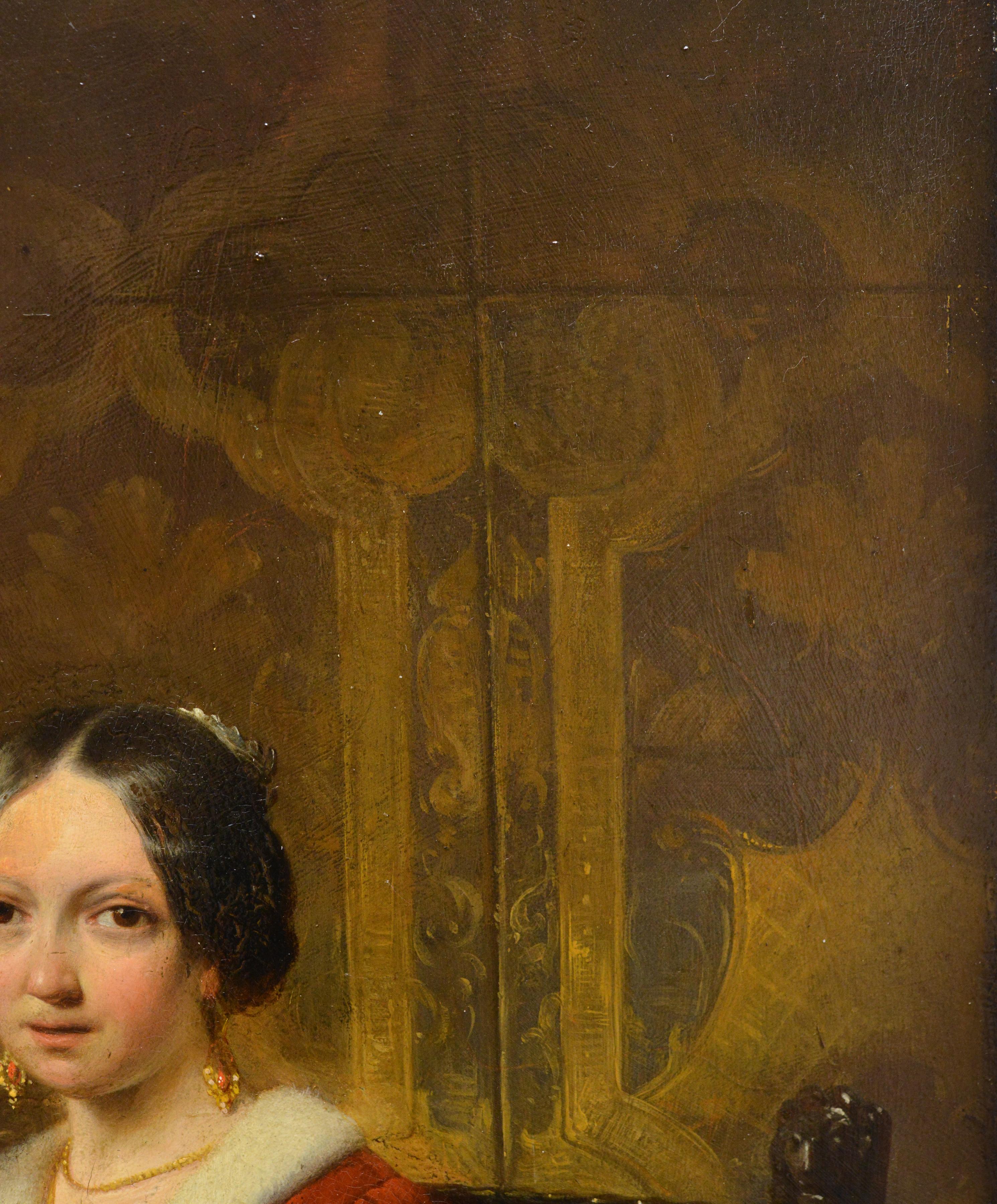 Peinture à l'huile hollandaise ancienne du 19e siècle Scène d'intérieur Couple en train de lire Encadré en vente 5