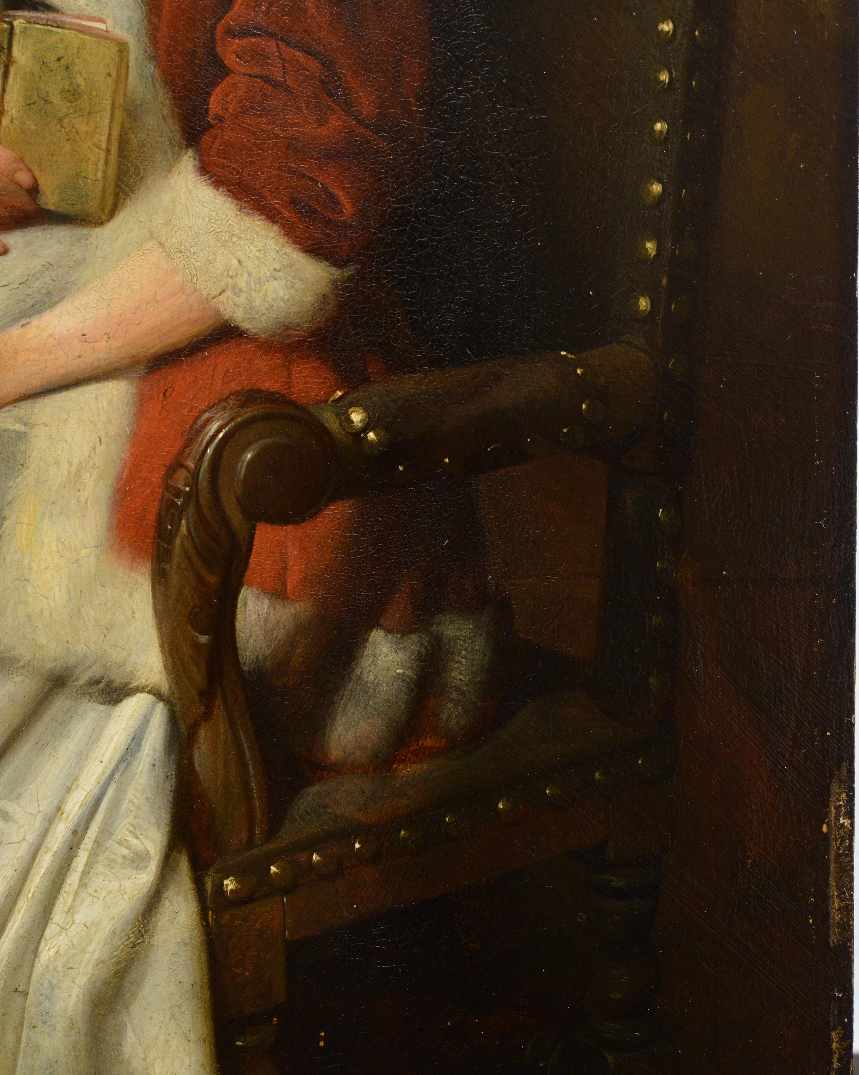 Peinture à l'huile hollandaise ancienne du 19e siècle Scène d'intérieur Couple en train de lire Encadré en vente 6