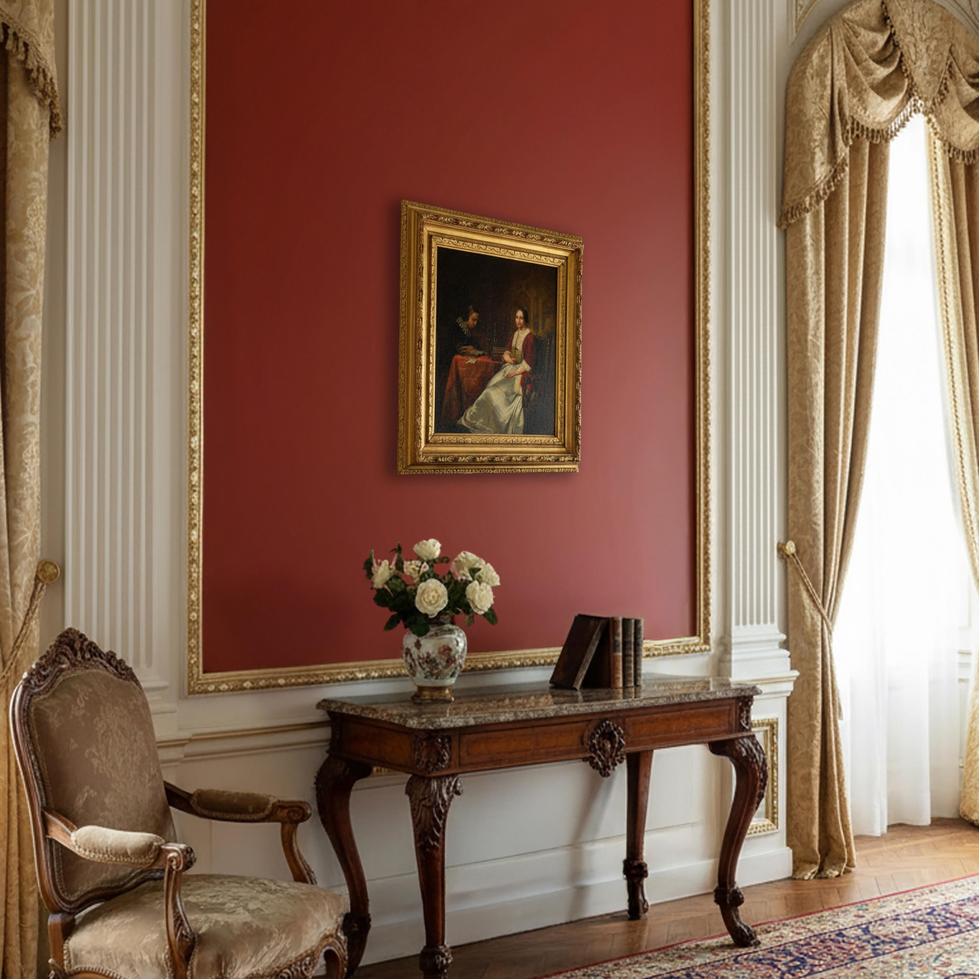 Peinture à l'huile hollandaise ancienne du 19e siècle Scène d'intérieur Couple en train de lire Encadré en vente 8