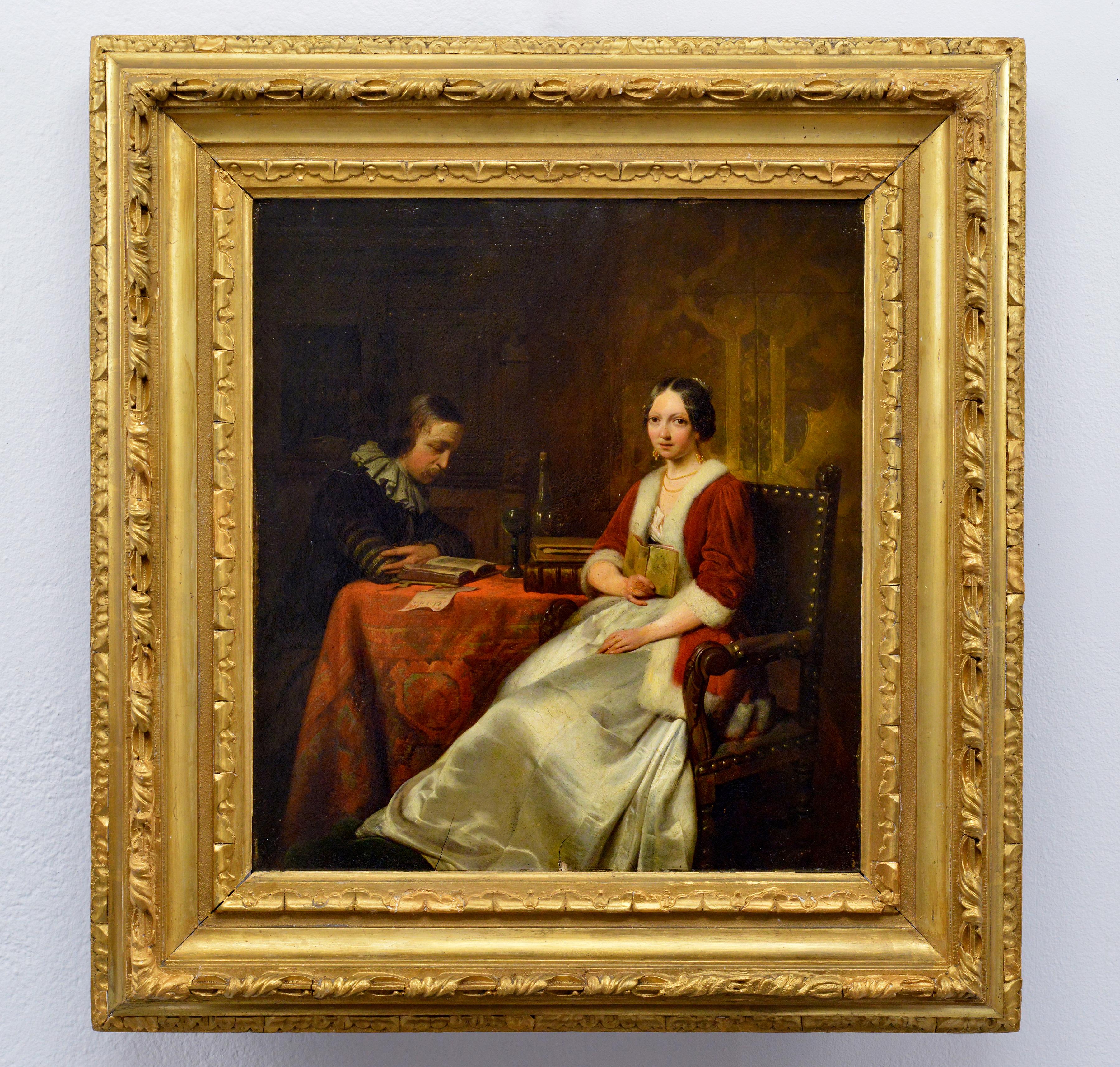 Peinture à l'huile hollandaise ancienne du 19e siècle Scène d'intérieur Couple en train de lire Encadré - Painting de Hendrik Hollander