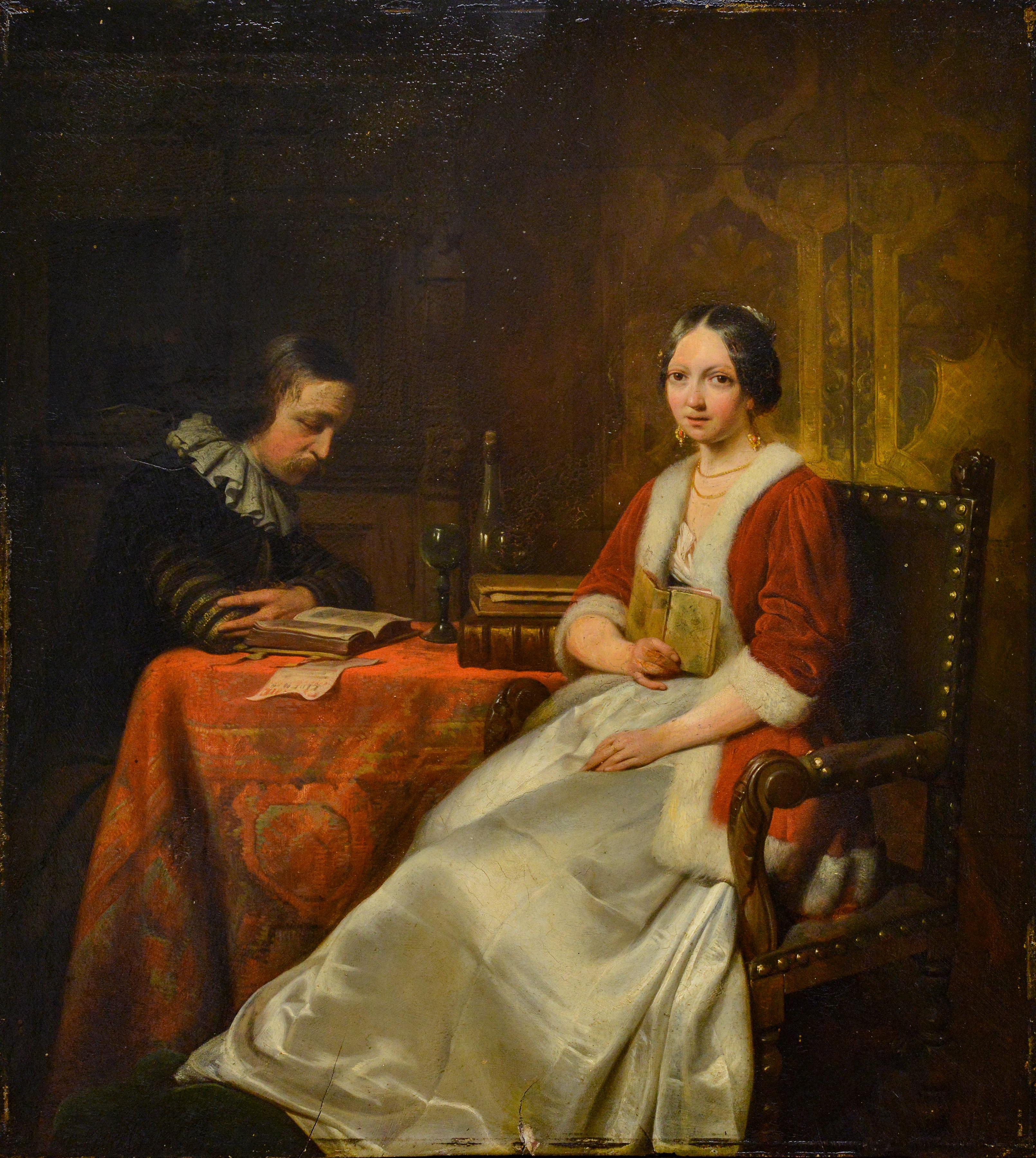 Peinture à l'huile hollandaise ancienne du 19e siècle Scène d'intérieur Couple en train de lire Encadré - École hollandaise Painting par Hendrik Hollander