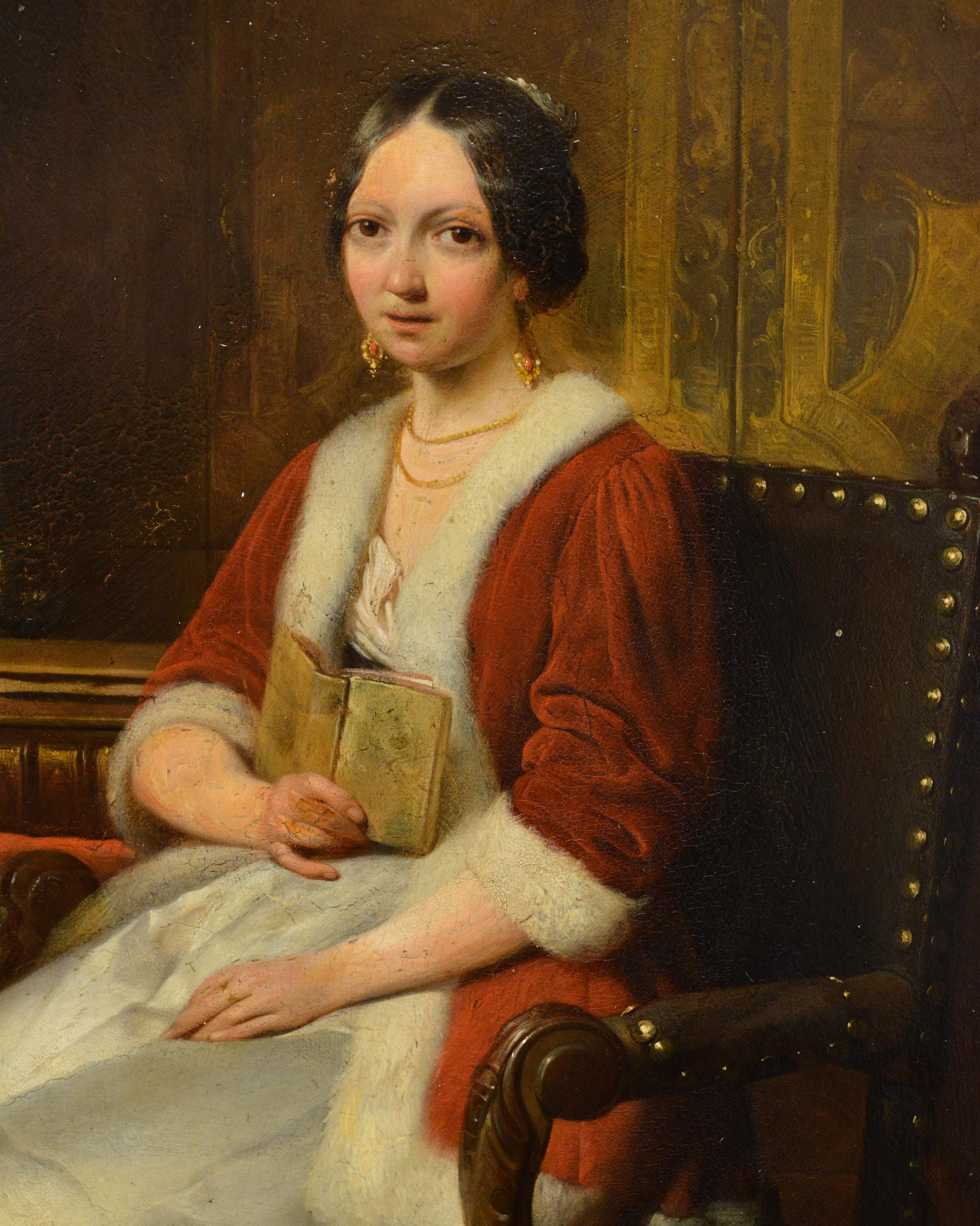 Peinture à l'huile hollandaise ancienne du 19e siècle Scène d'intérieur Couple en train de lire Encadré - Marron Portrait Painting par Hendrik Hollander