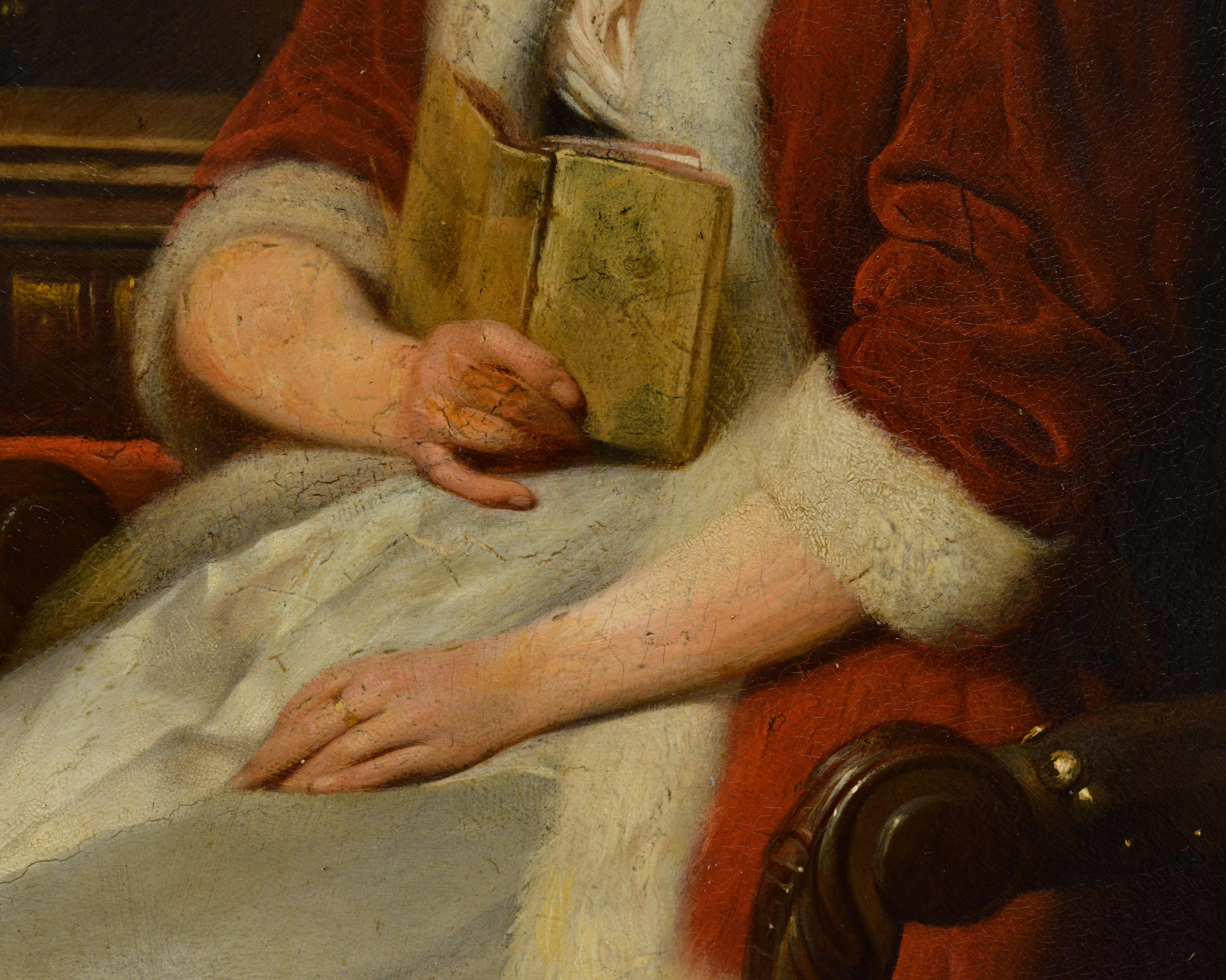 Peinture à l'huile hollandaise ancienne du 19e siècle Scène d'intérieur Couple en train de lire Encadré en vente 1