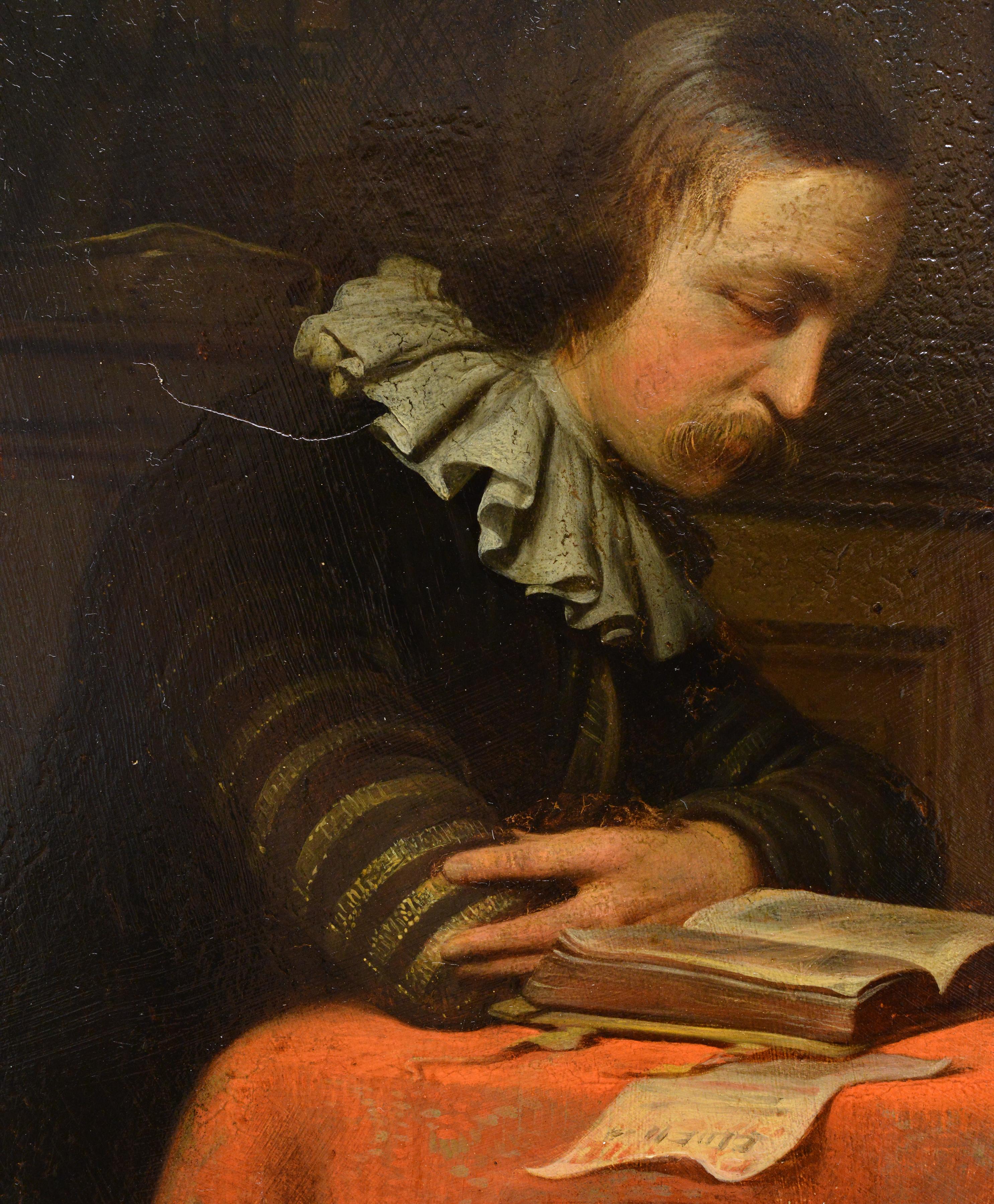 Peinture à l'huile hollandaise ancienne du 19e siècle Scène d'intérieur Couple en train de lire Encadré en vente 4