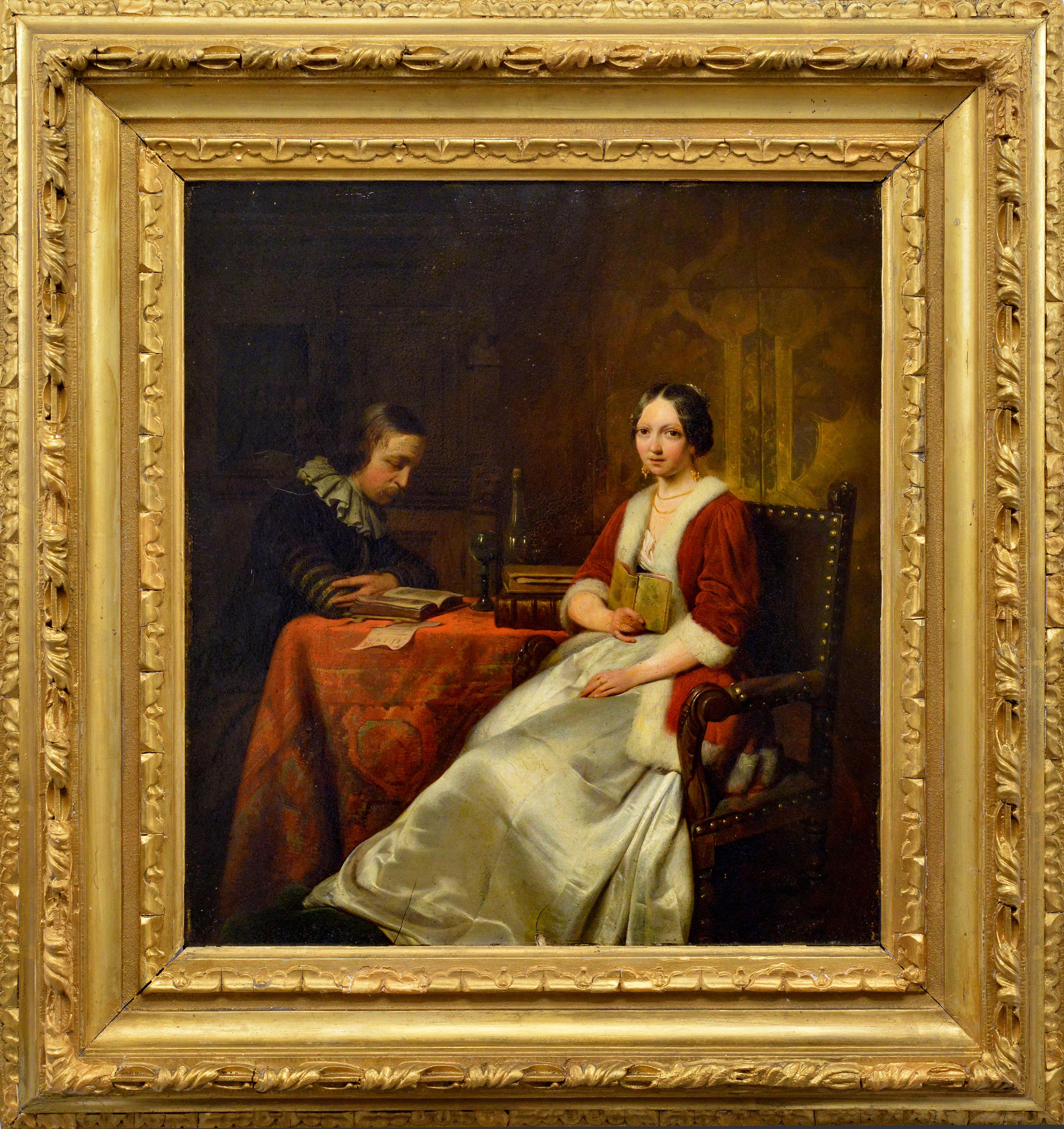 19. Jahrhundert Antike holländische Ölgemälde Innen Szene Paar Lesen Gerahmt