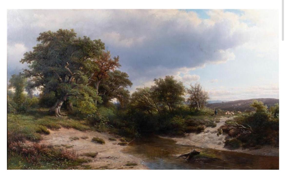 Hendrik Kruseman van Elten (Dutch/American, 1829-1904) 
Landscape with sheep herder, dog, sheep and stream.
Oil on canvas, framed; signed lower right: K van Elten 1870 
Measures: 40.25