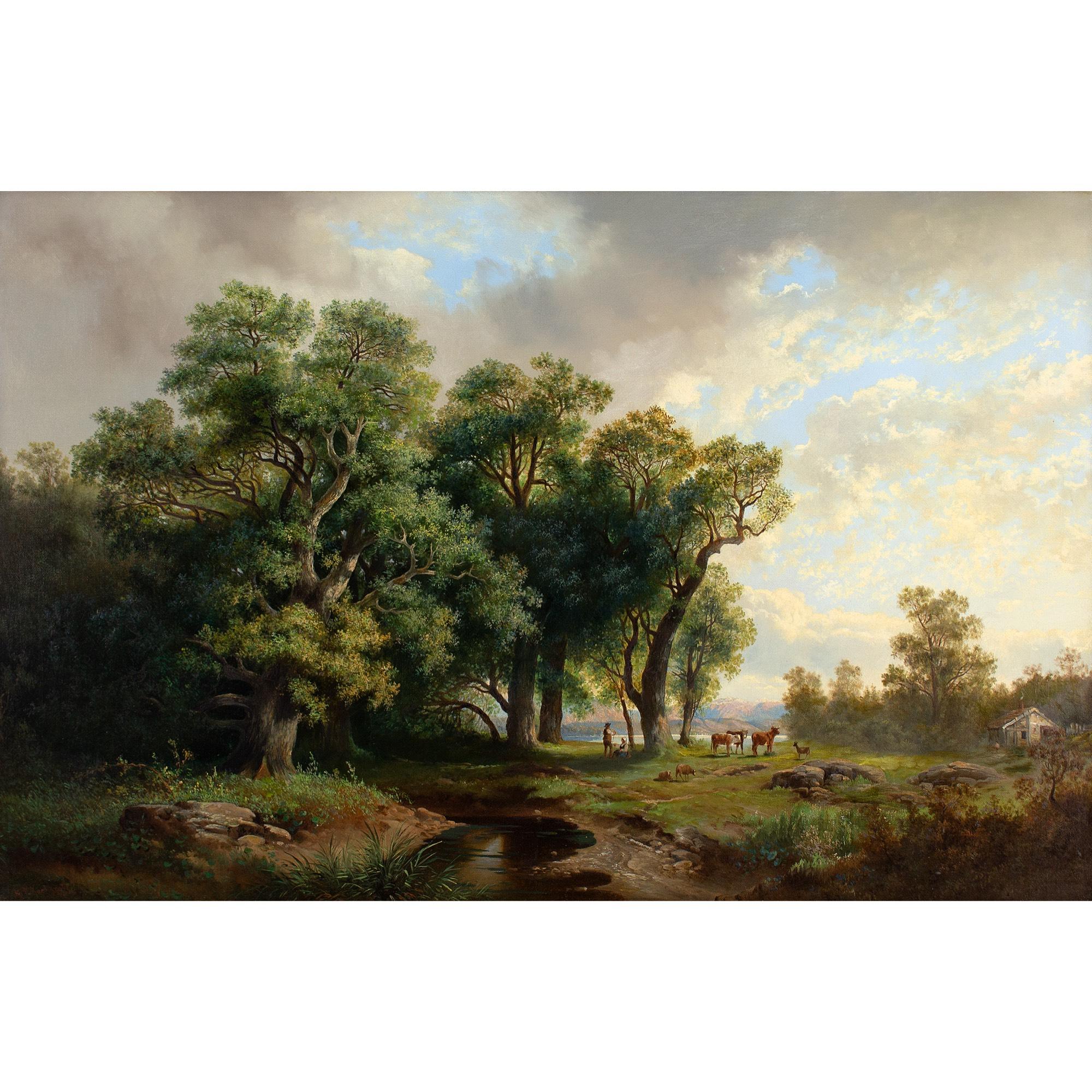 Peinture à l'huile Hendrik Pieter Koekkoek, Paysage idéalisé avec rivière 1