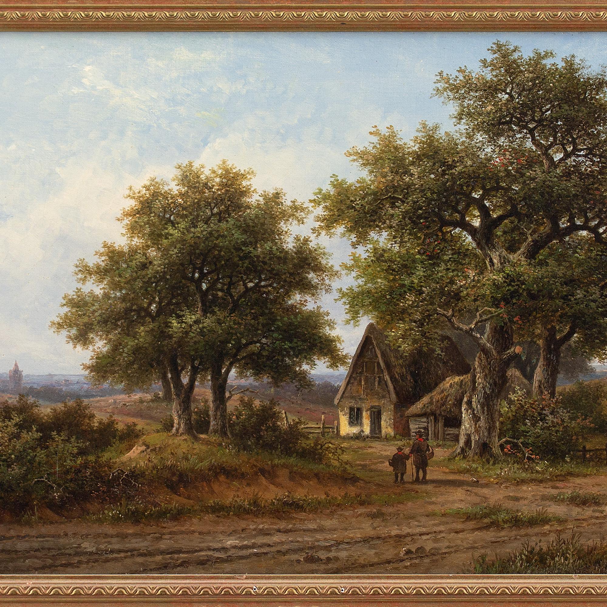 This 19th-century oil painting by Dutch artist Hendrik Pieter Koekkoek (1843-c.1890) depicts a gentle rural view with oak trees and distant church.

Travelling back along a well-trod country lane, a father and son pass under the boughs of twisting