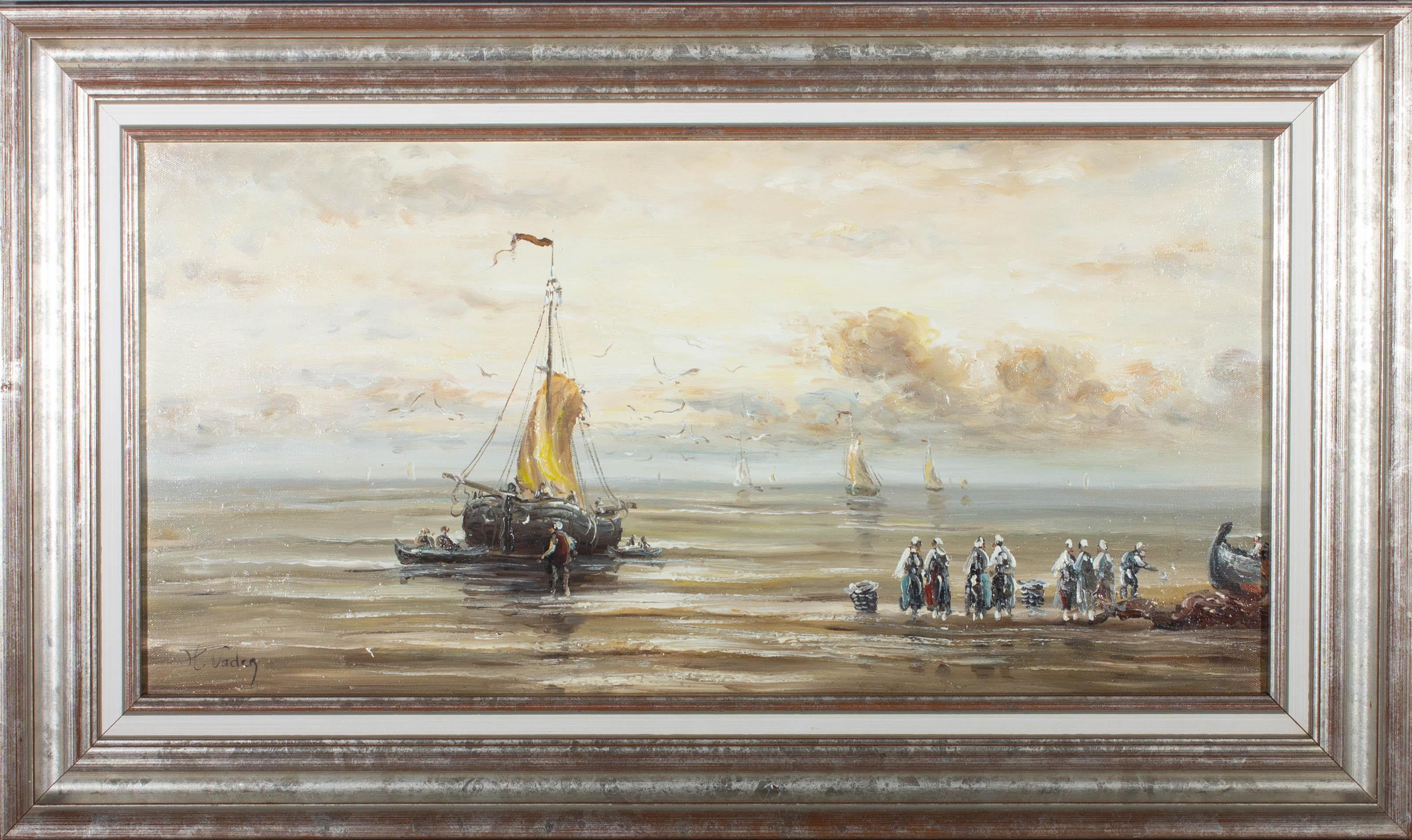 A coastal scene depicting fisherwomen waiting with their baskets to collect the catch from a boat. Presented in a distressed silver gilt-effect wooden frame. Signed to the lower-left edge. There is a Racine Art Gallery, Paris, France, certificate of