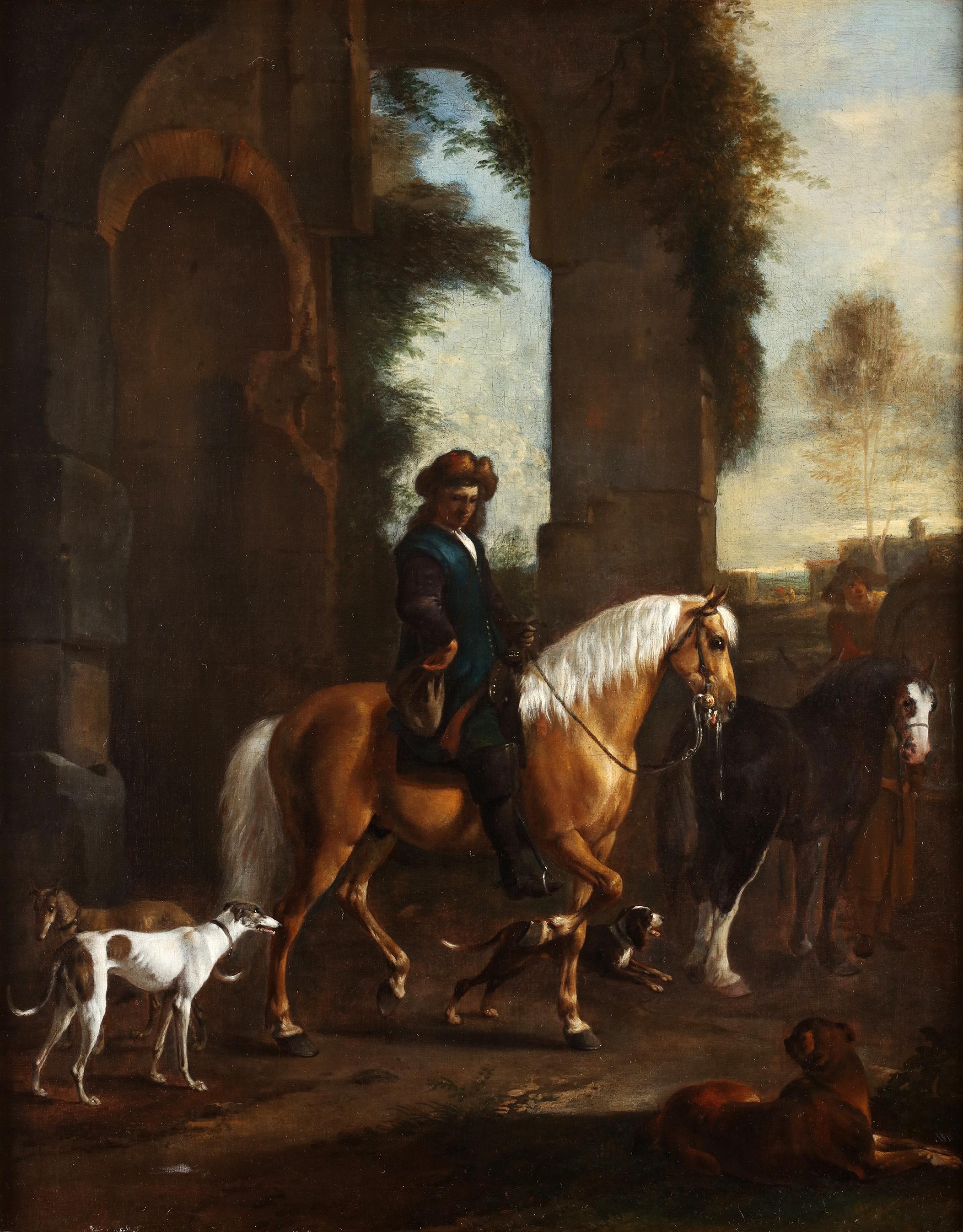 Oil on canvas

Labels on the back

We'd like to thank dr. Fred Meijer for his advice.

In Hendrik Verschuring's "The Rest before the Departure," we can see how a manis sitting proudly on his majestic steed. The light brown horse has a pristine white
