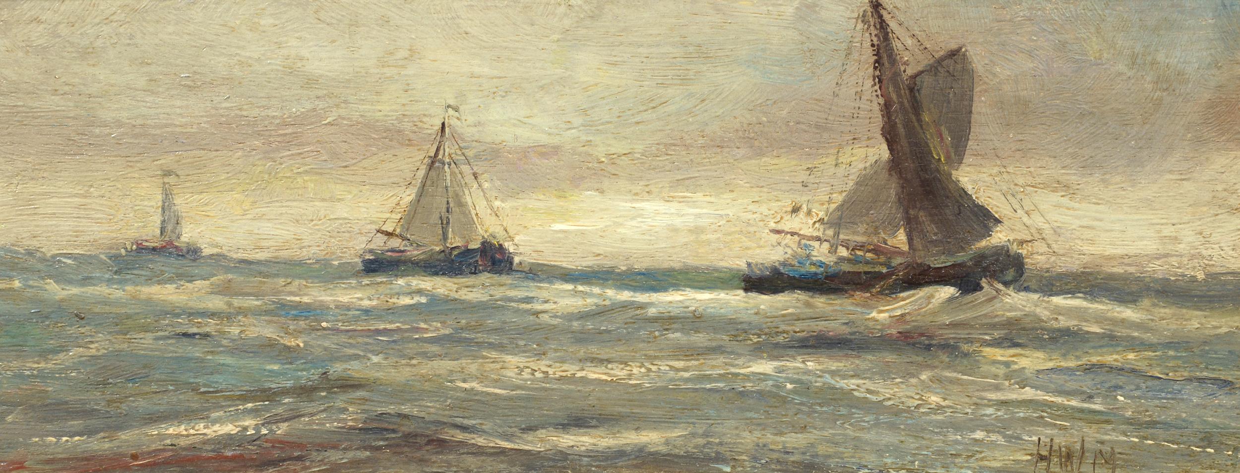 Sailing Vessels at Sea, Dutch Seascape, Marine Painting, 19th Century, Signed