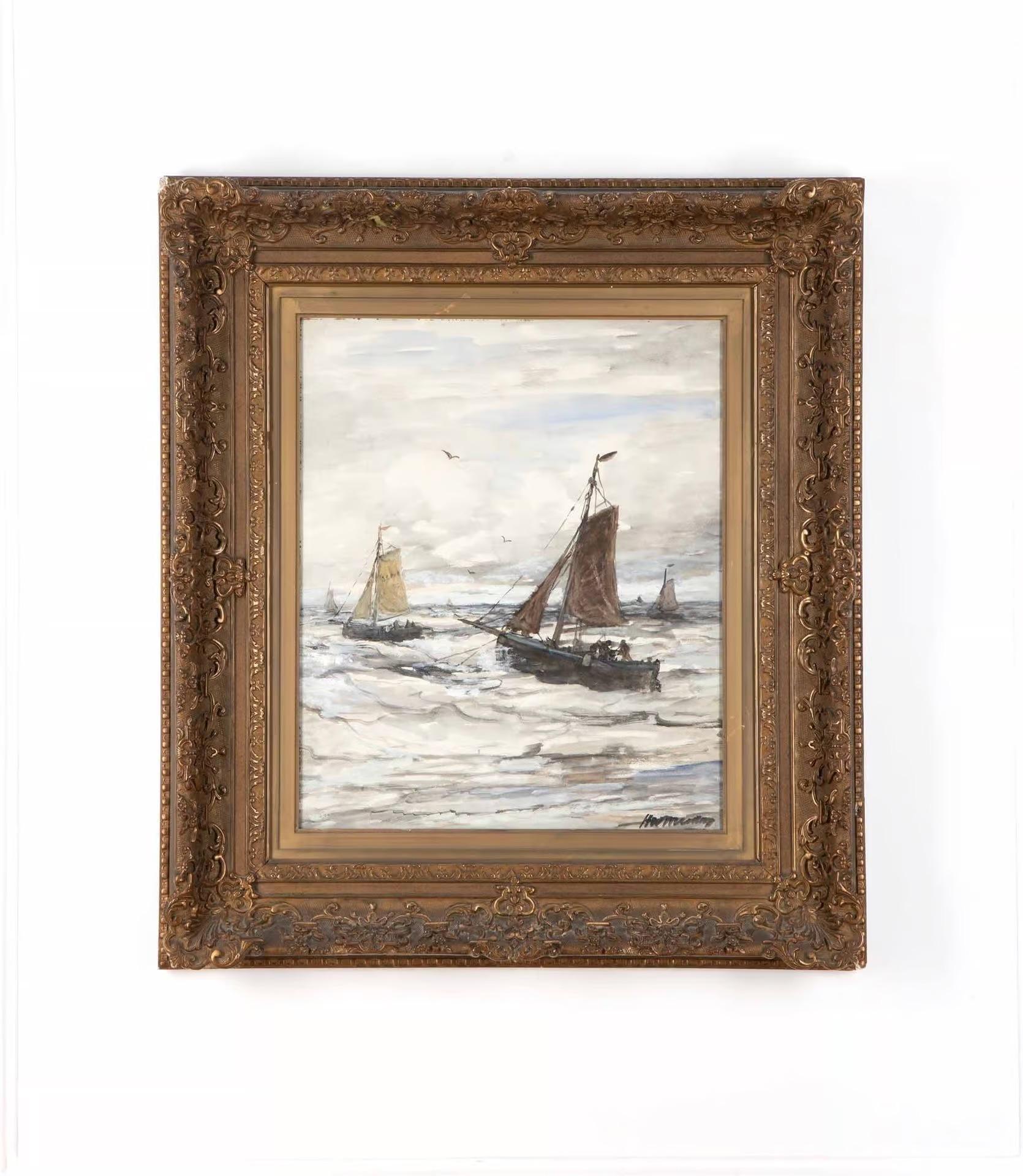 Aquarelle ou gouache originale hollandaise du 19e siècle représentant des bateaux de pêche sur une mer agitée.

Par Hendrik Willem Mesdag (1831-1915). Ex-collection privée aux Pays-Bas.

Date d'environ 1890.

Dimensions de la fenêtre : 39 cm de