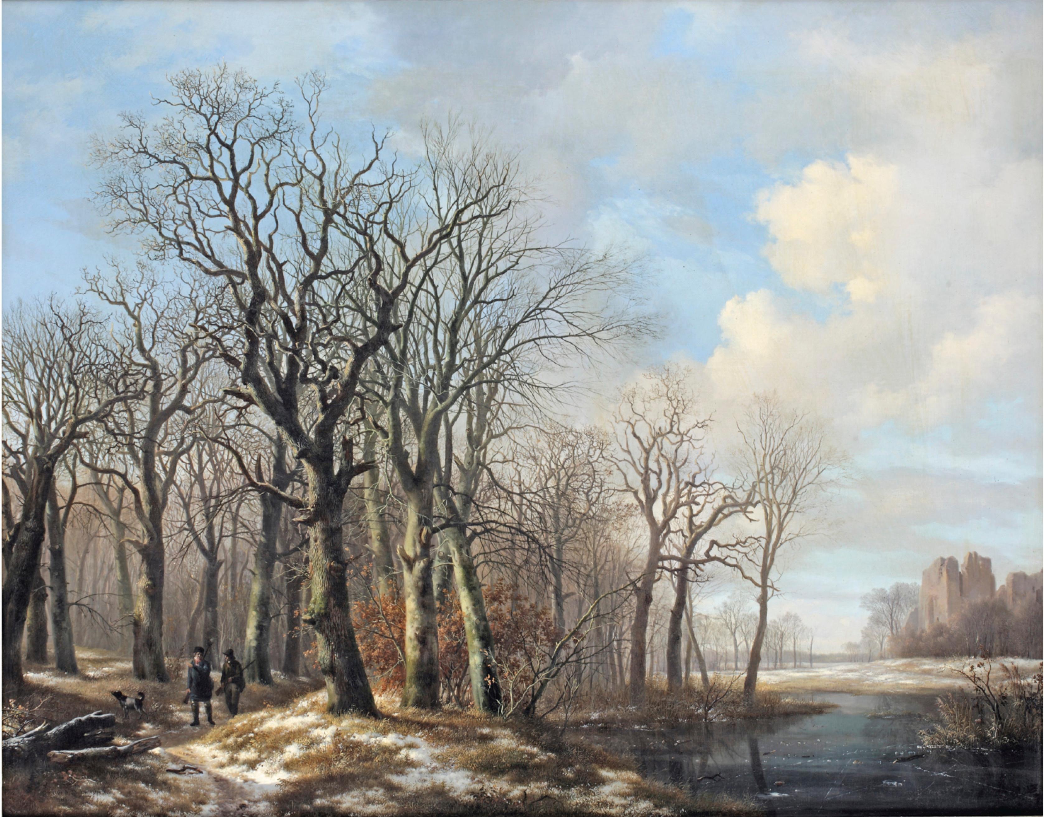 Hendrikus van de Sande Bakhuyzen  Landscape Painting - A winter landscape with hunters on a path along a stream