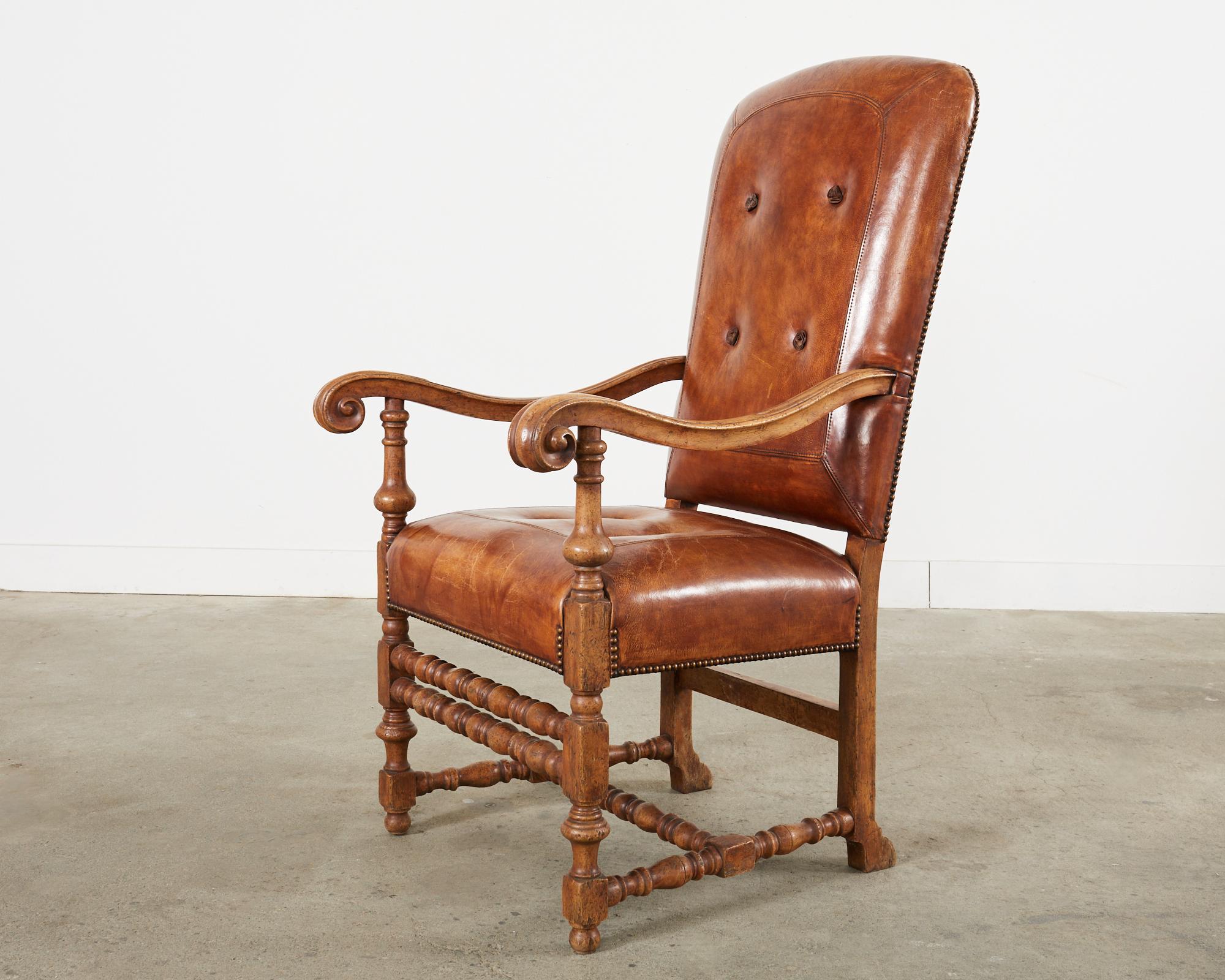American Hendrix Allardyce Italian Baroque Style Leather Library Chair For Sale