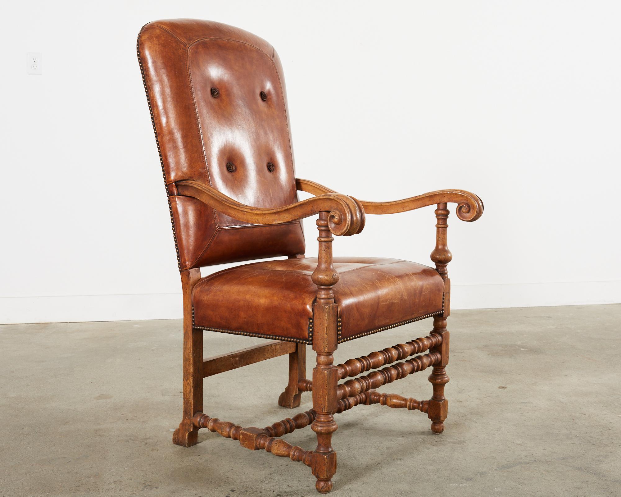 Hendrix Allardyce Italian Baroque Style Leather Library Chair In Distressed Condition For Sale In Rio Vista, CA
