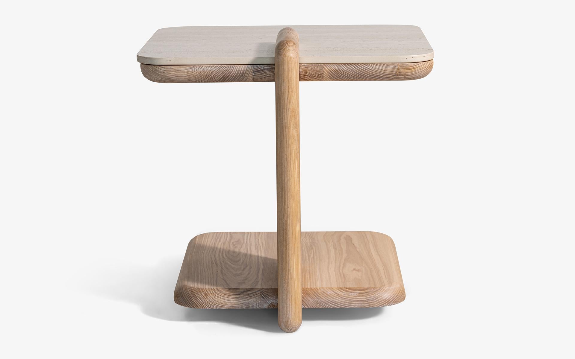 Turc Hengra C Shaped Side Table Ash Wood Base with Travertine Porcelain Top en vente