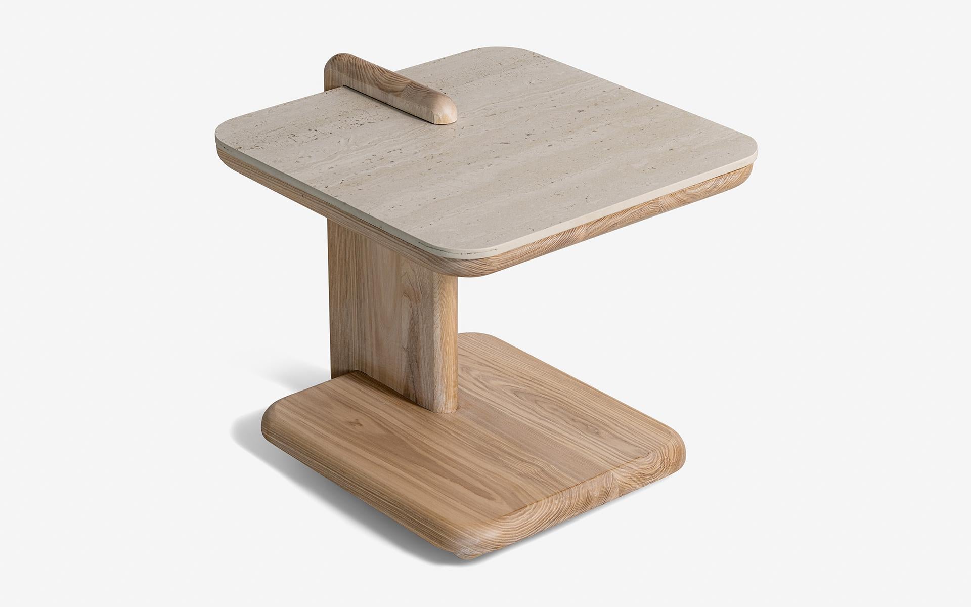 Fait main Hengra C Shaped Side Table Ash Wood Base with Travertine Porcelain Top en vente
