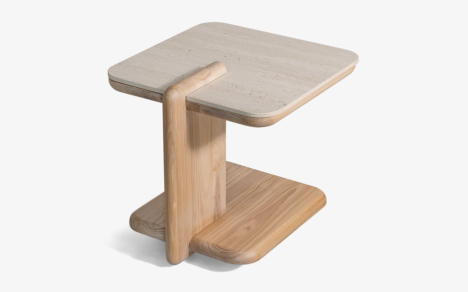 Hengra C Shaped Side Table Ash Wood Base with Travertine Porcelain Top Neuf - En vente à İSTANBUL, TR