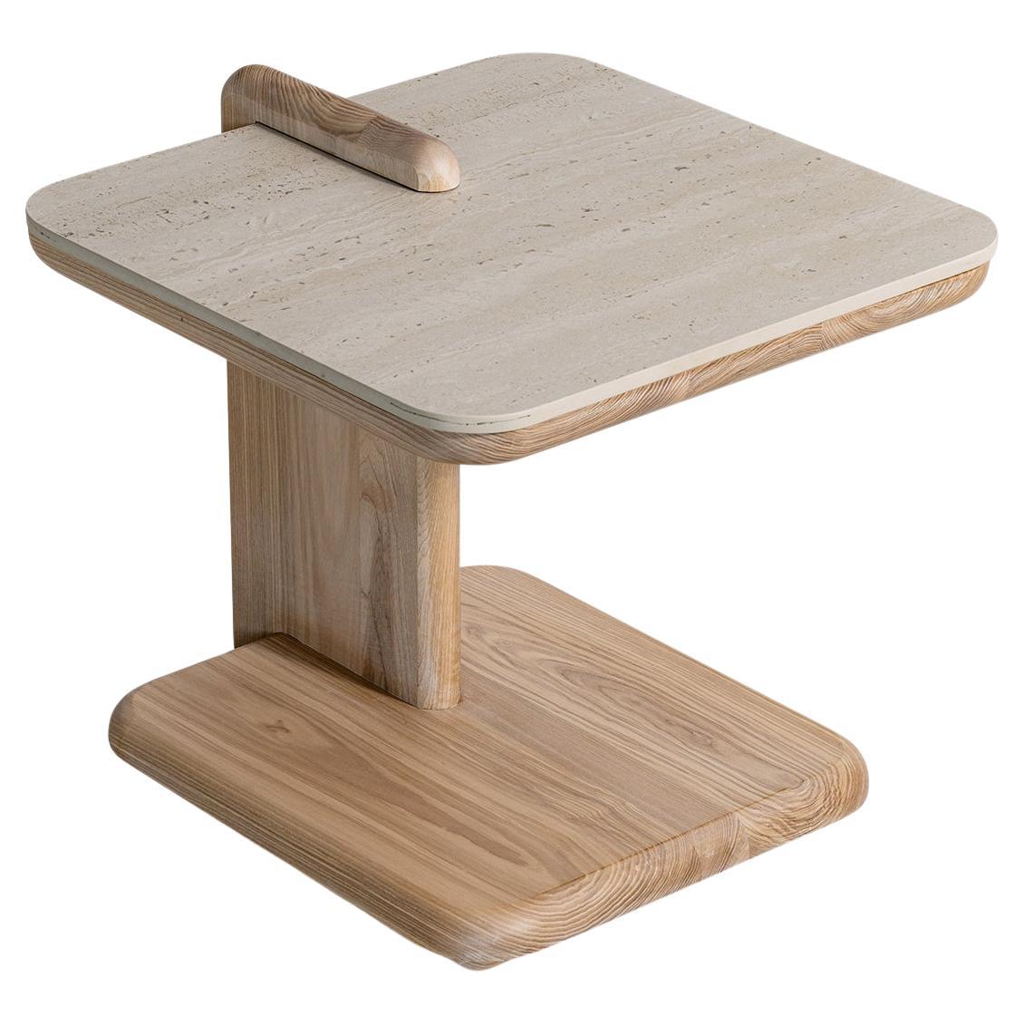 Hengra C Shaped Side Table Ash Wood Base with Travertine Porcelain Top
