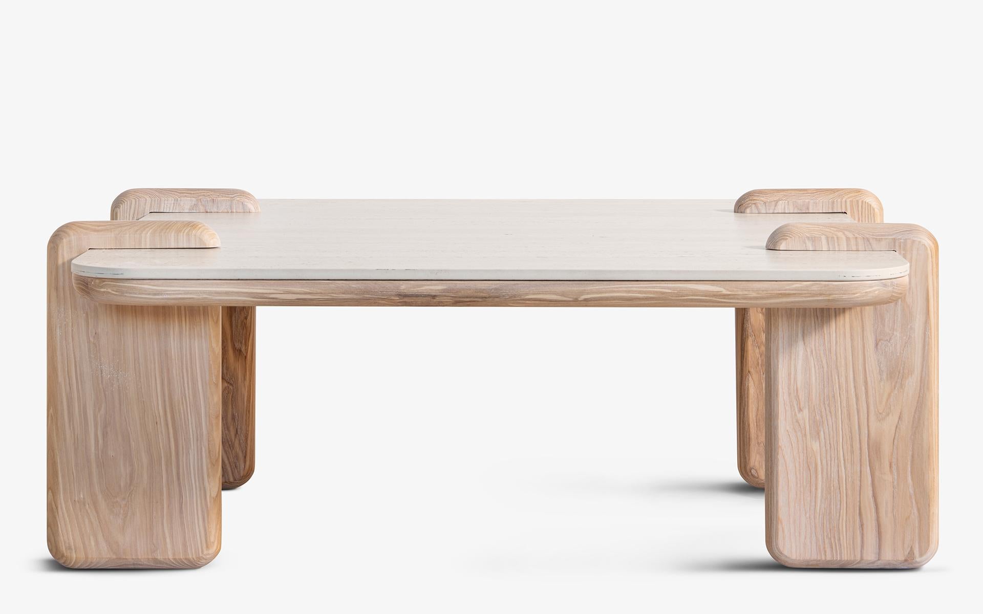 Mesa de centro Hengra Base de madera de fresno con tapa de porcelana de travertino Moderno en venta