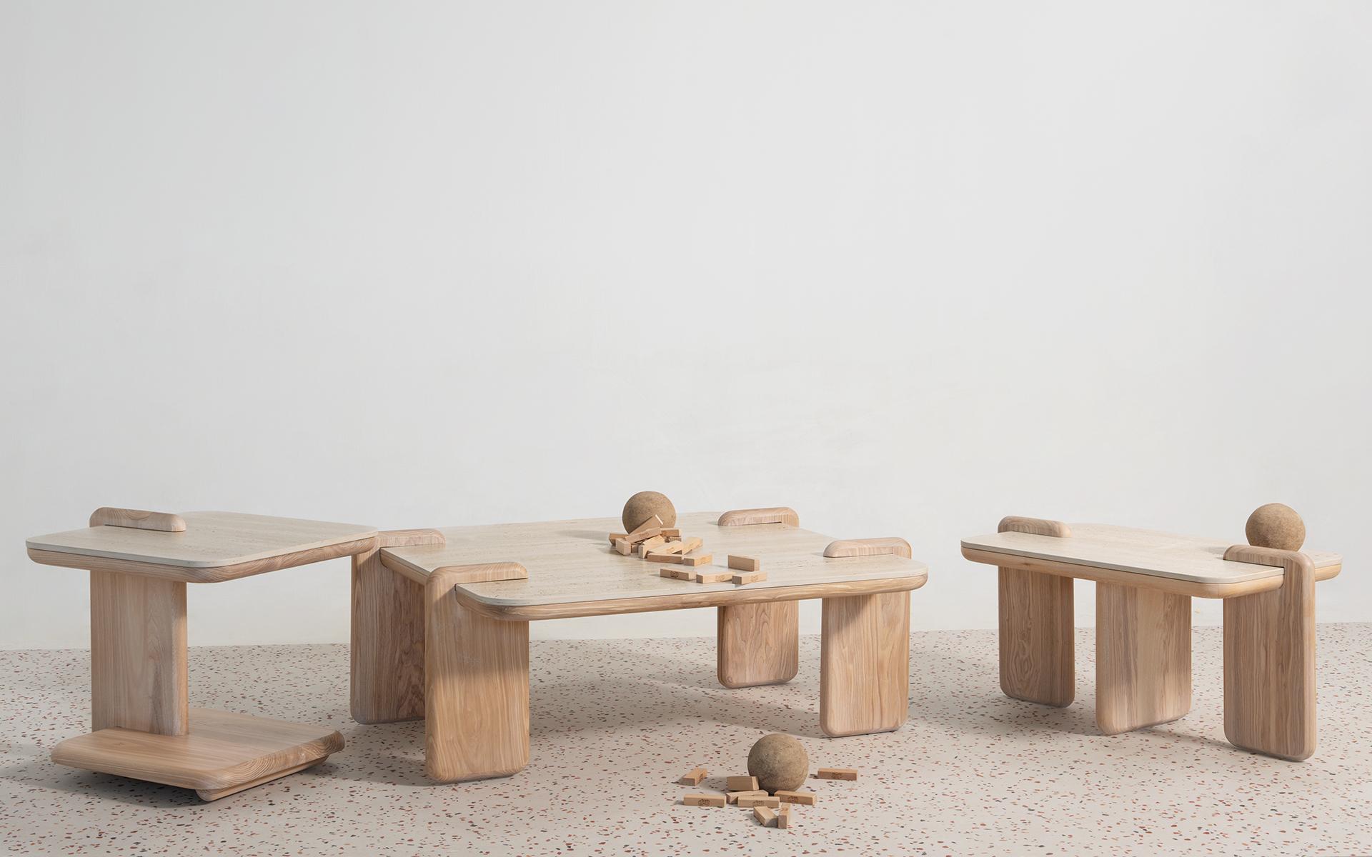 Table d'appoint moderne Hengra Base en Ash Wood et plateau en porcelaine de travertin Neuf - En vente à İSTANBUL, TR