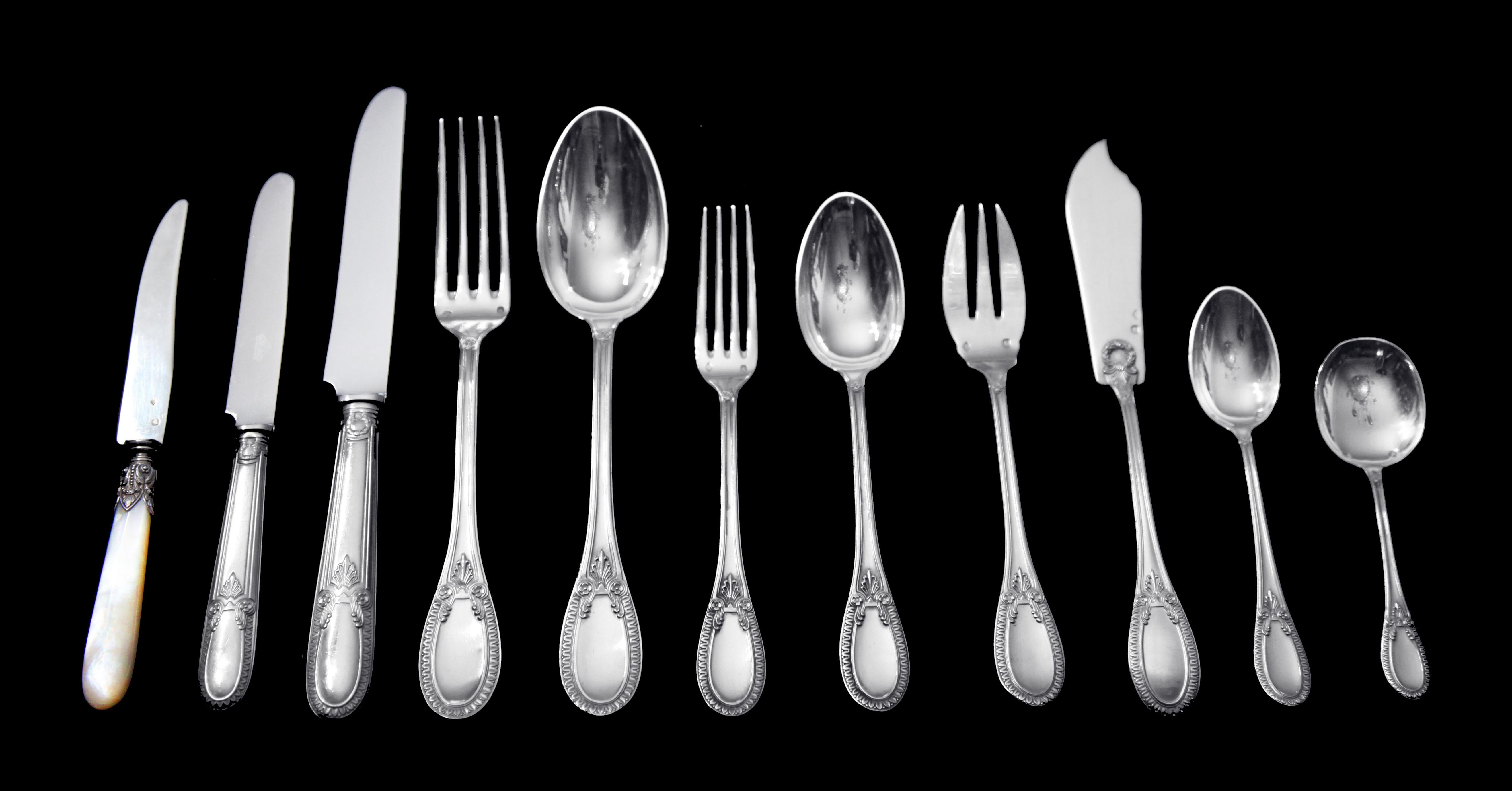 Direct from a Private Chateau in France, A Stunning 138pc. Privately Commissioned Louis XVI Sterling Silver Flatware Set (Service for 12) with 6 Serving Pieces by Internationally Known French Silversmiths 