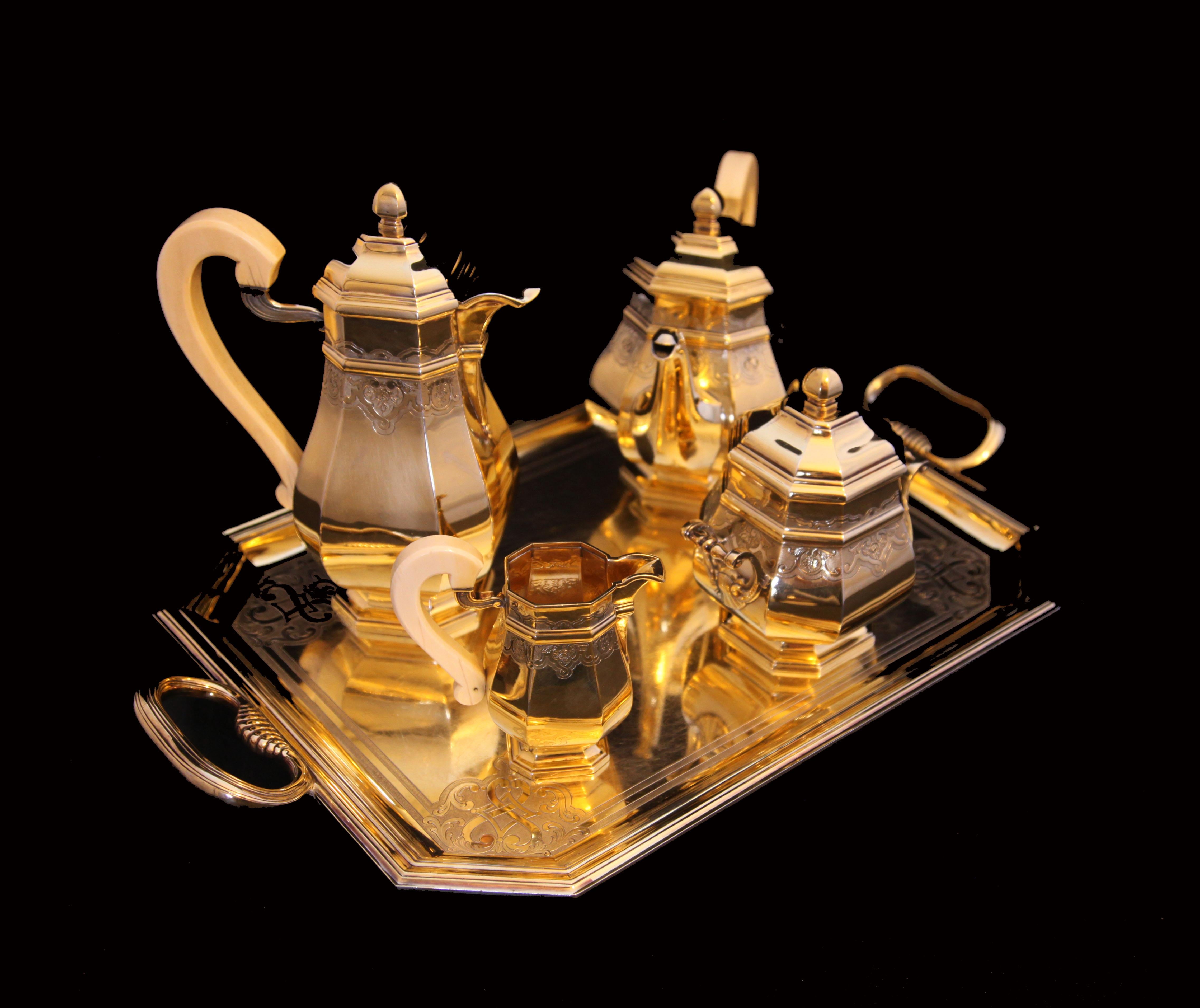Henin & Cie - 5pc. ¡Juego de Té Antique French Vermeil + Envoltorios! Luis XVI en venta