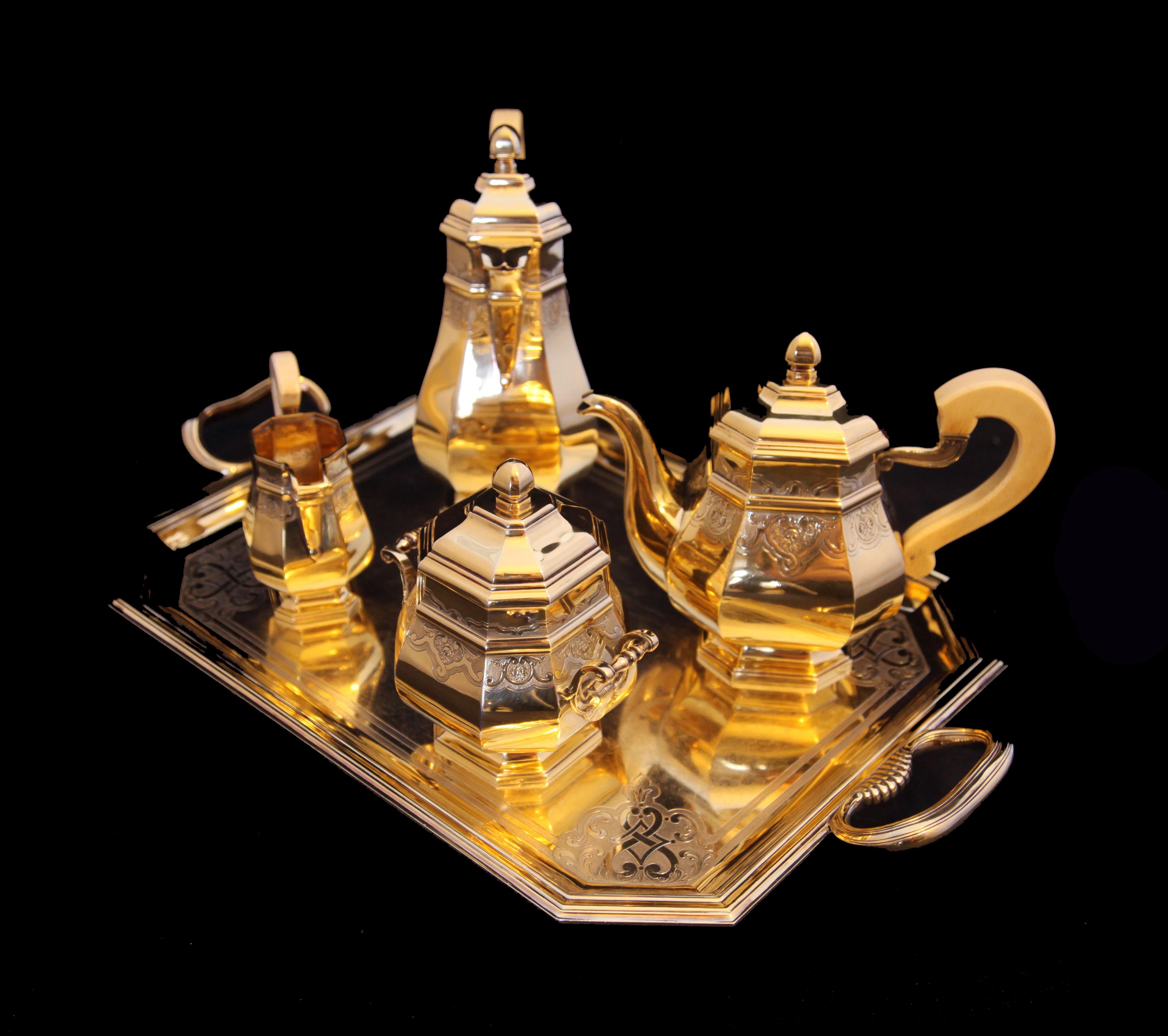 Henin & Cie - 5pc. ¡Juego de Té Antique French Vermeil + Envoltorios! Francés en venta