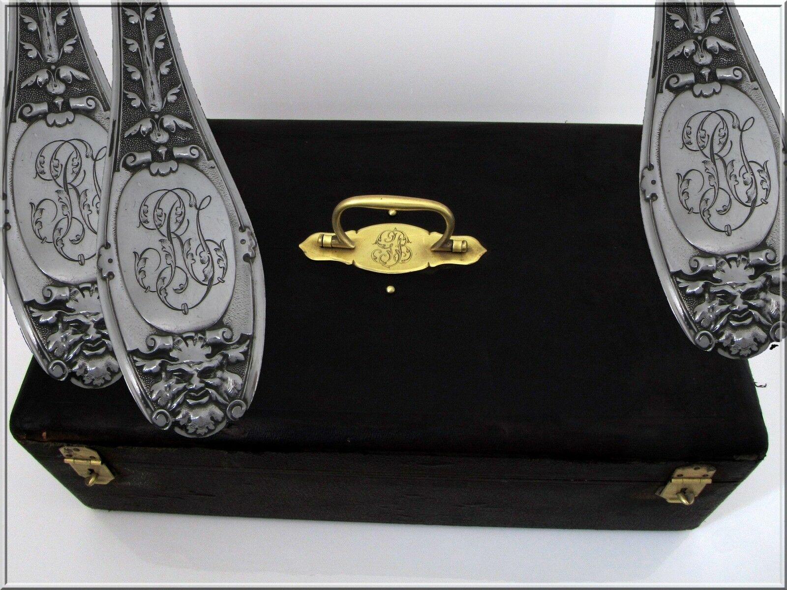 Henin Rare French Sterling Silver Ebony Flatware Set 85 Pieces, Mascaron For Sale 12