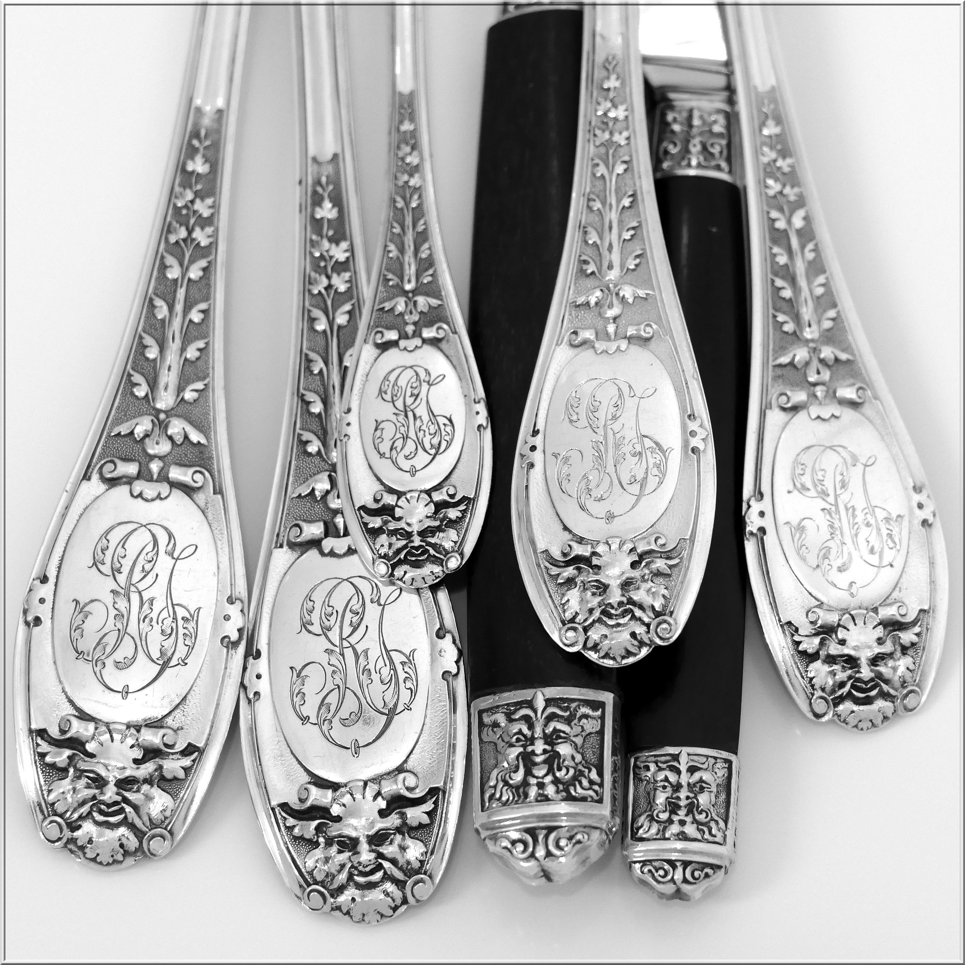 Late 19th Century Henin Rare French Sterling Silver Ebony Flatware Set 85 Pieces, Mascaron For Sale