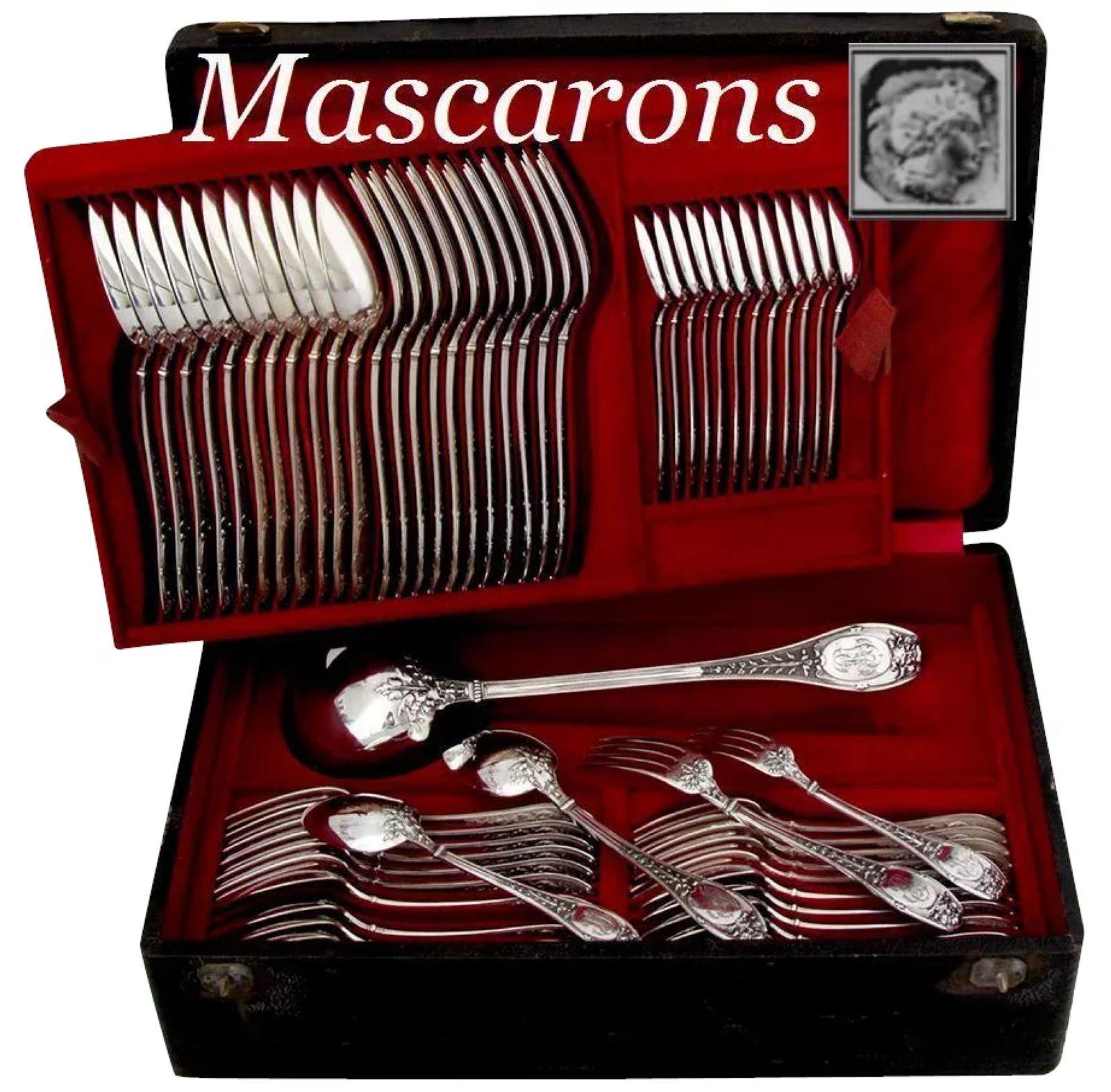 Henin Rare French Sterling Silver Ebony Flatware Set 85 Pieces, Mascaron For Sale 1