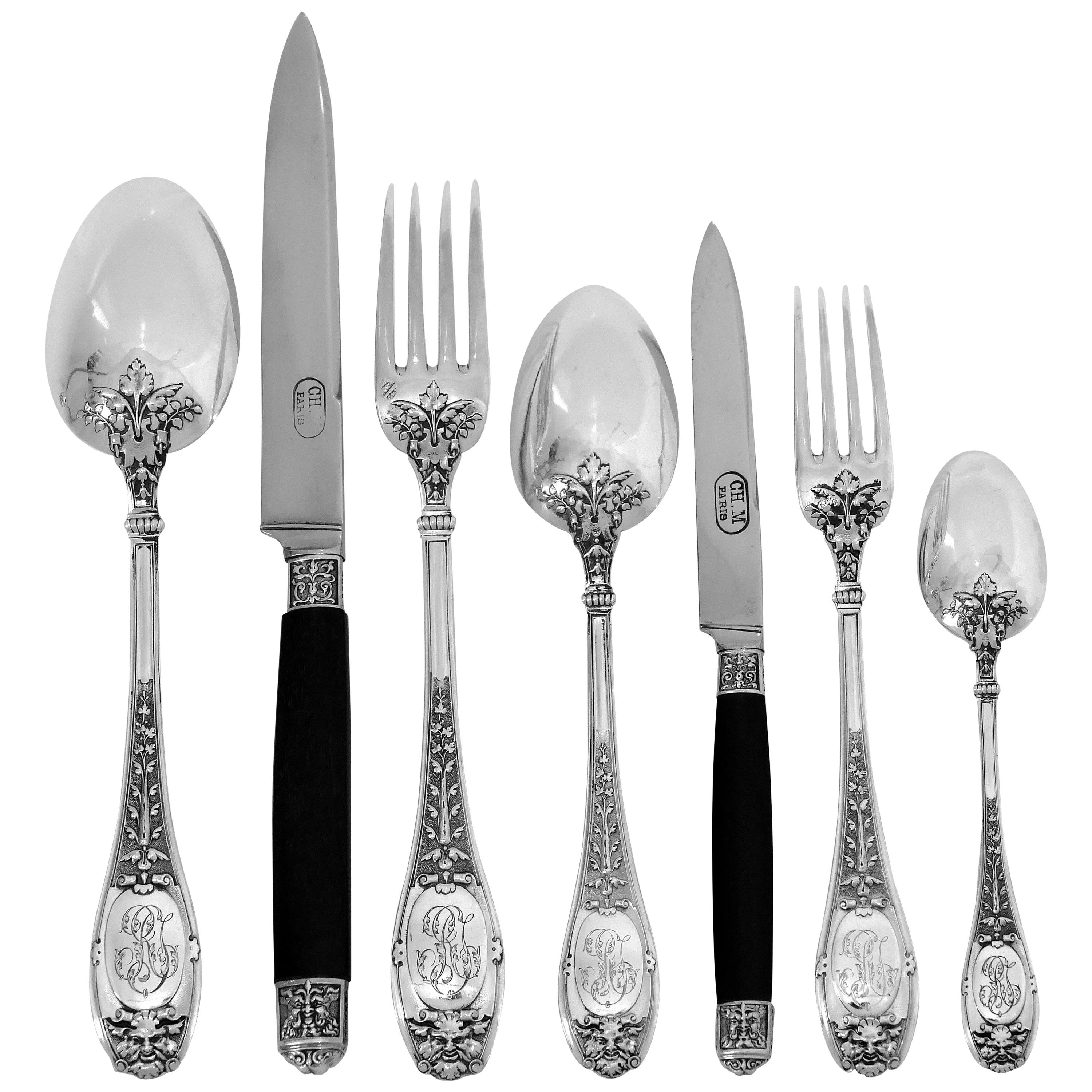 Henin Rare French Sterling Silver Ebony Flatware Set 85 Pieces, Mascaron For Sale