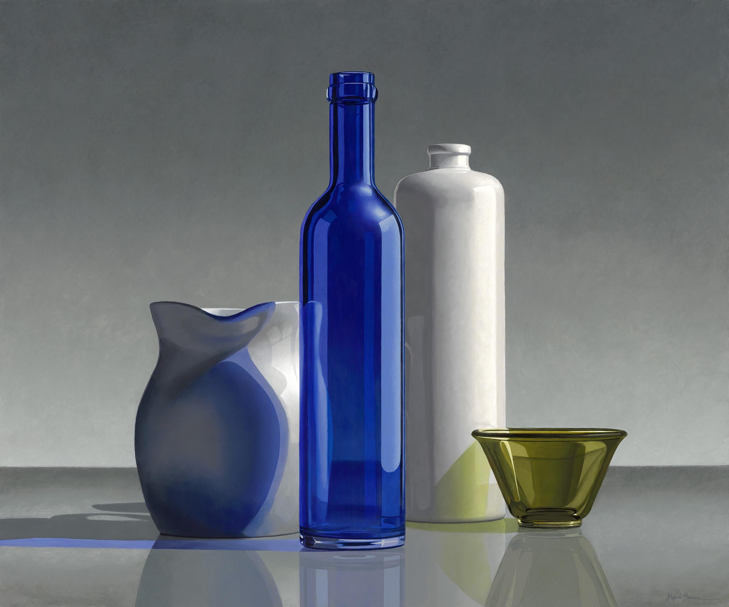 Henk Boon Figurative Painting - Composition in Blue and Green- 21st Century Dutch Realistic Still-life painting