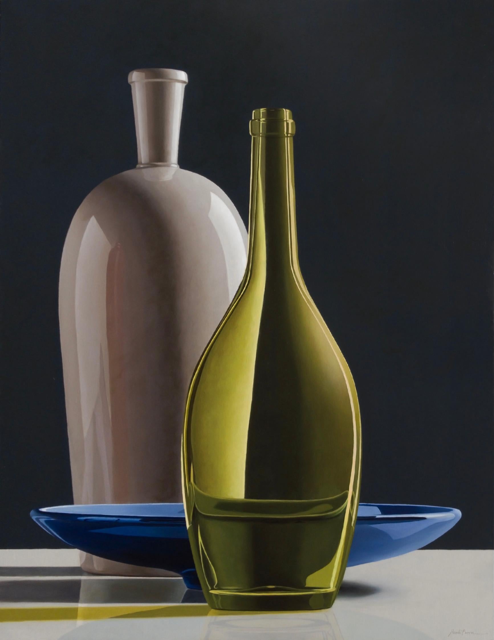 Henk Boon Figurative Painting - Composition with Blue Bowl- 21st Century Still life Painting with bowl & bottles