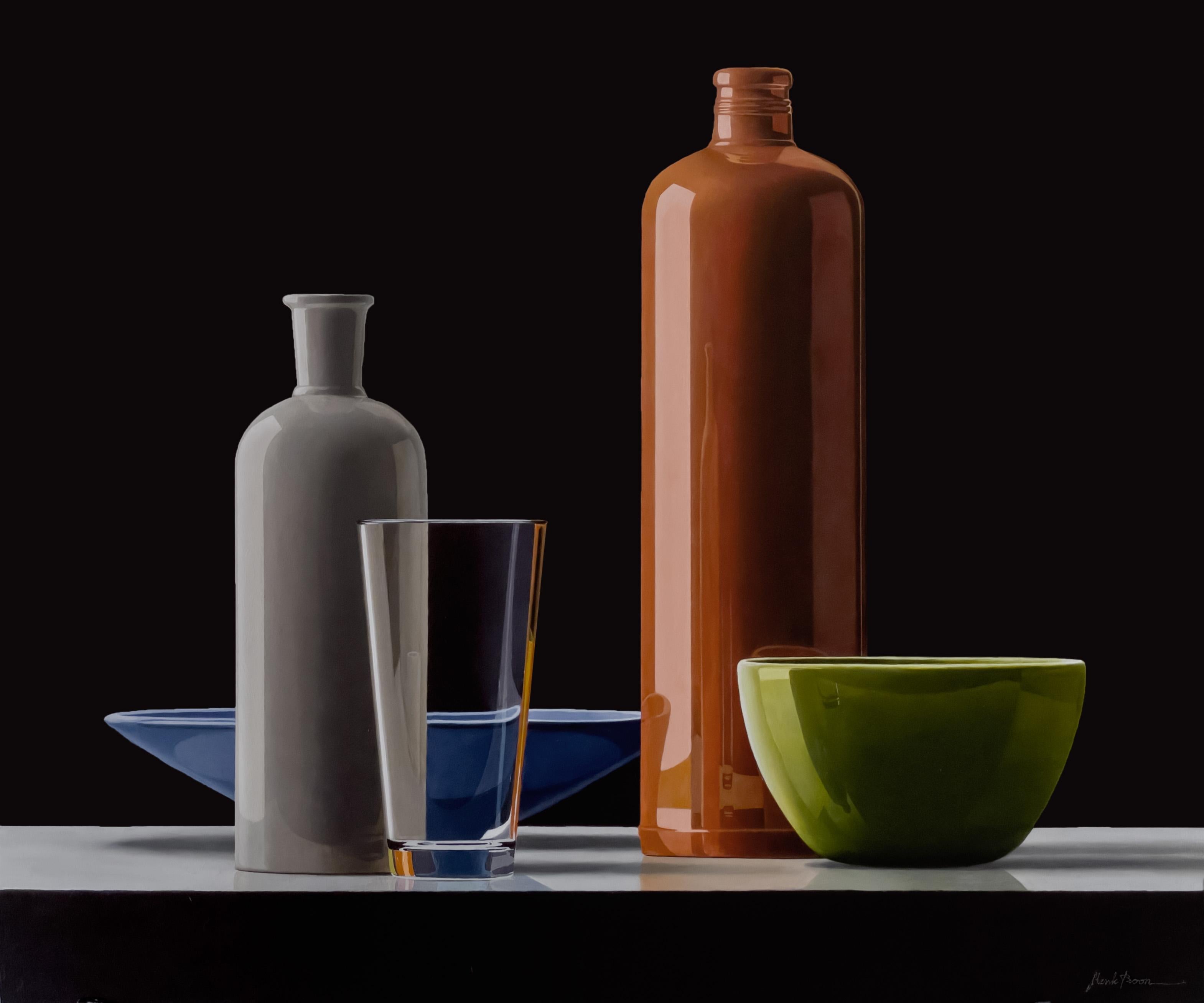 Henk Boon Still-Life Painting - Composition with dish, bowl & glass-21st Century Contemporary Stilllife Painting