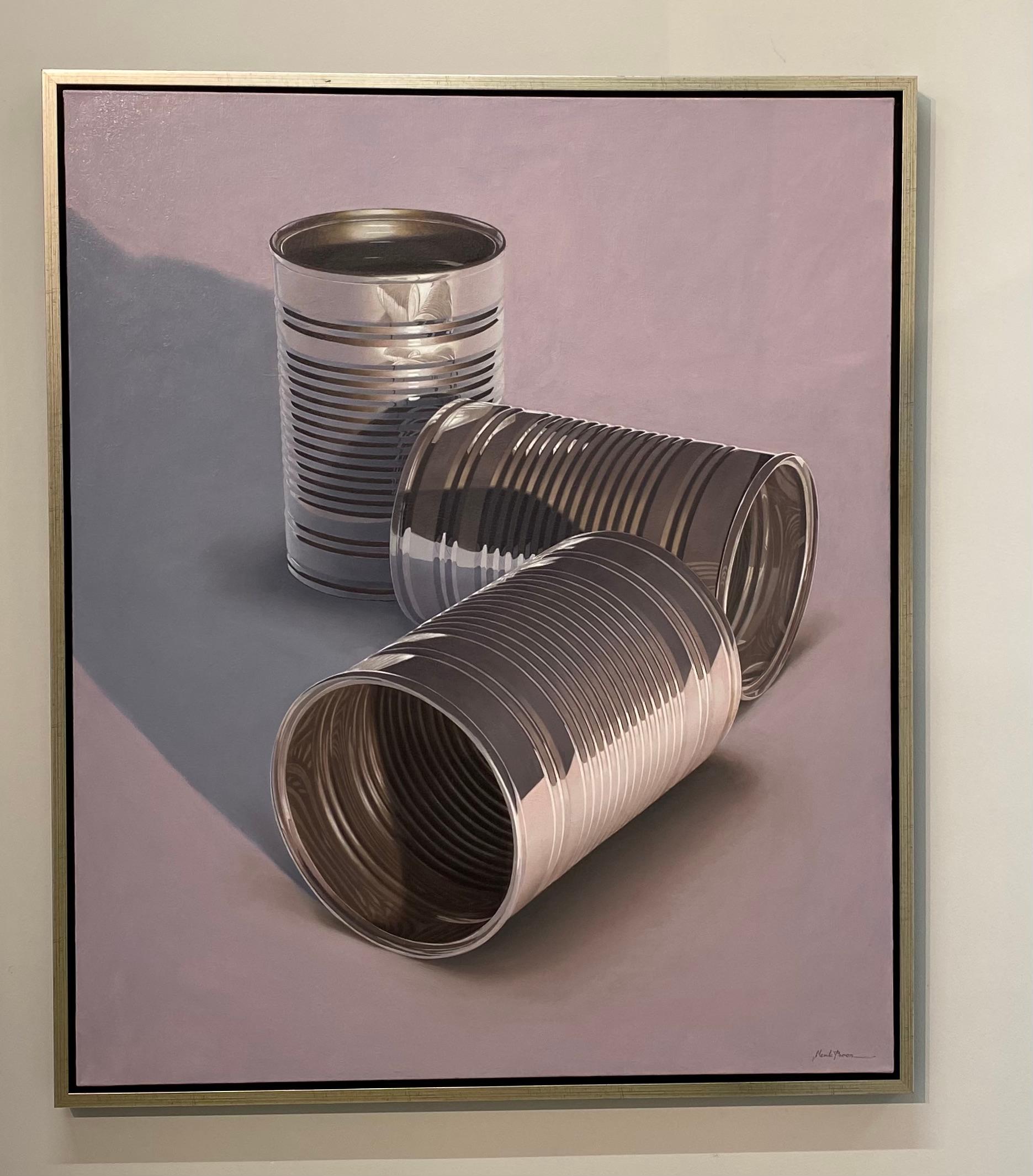 Composition with Three Cans- 21st Century Hyper Realistic Still-life Painting  - Gray Still-Life Painting by Henk Boon