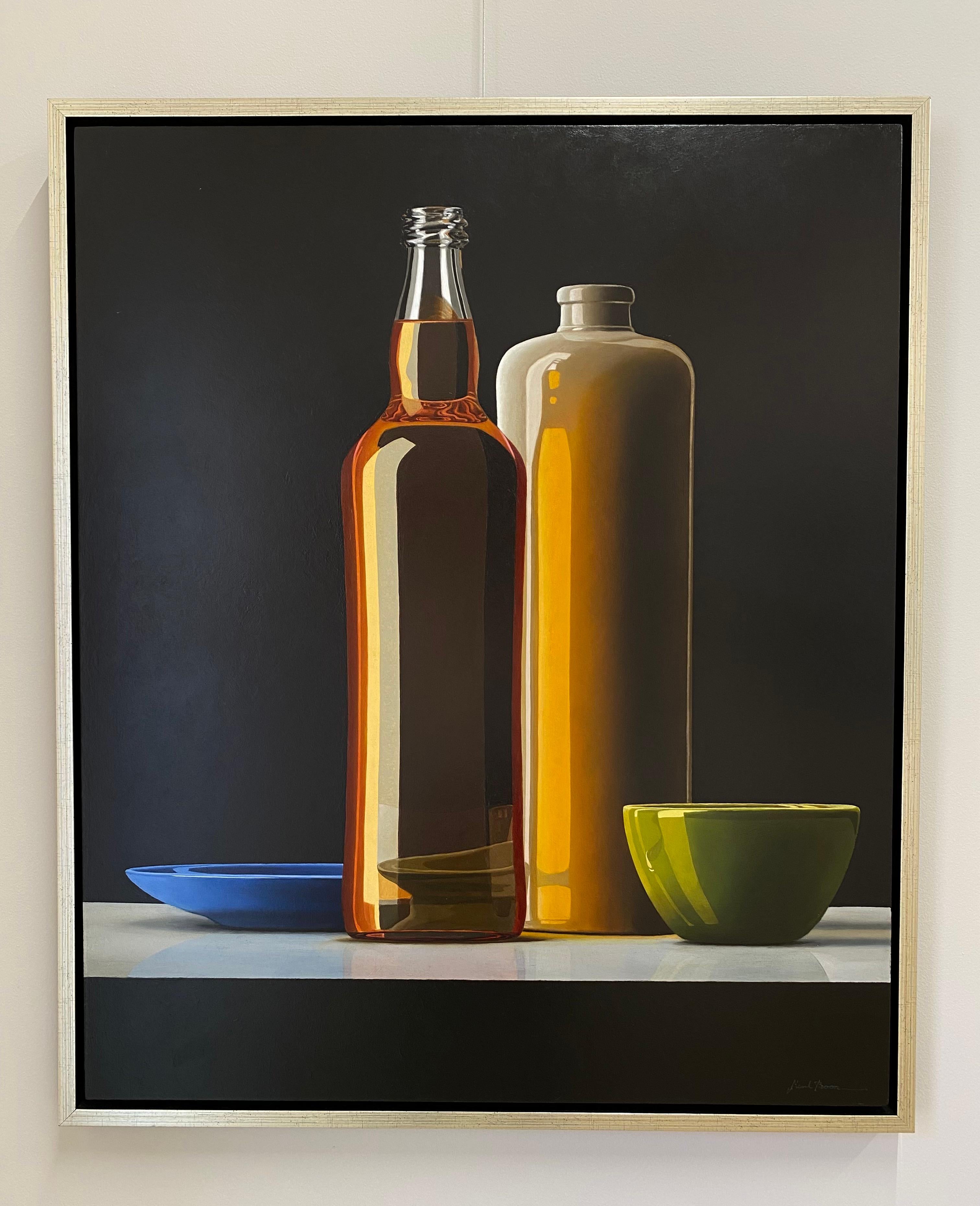 Composition with Wiskey Bottle -21st Century Contemporary Stilllife Painting - Black Figurative Painting by Henk Boon